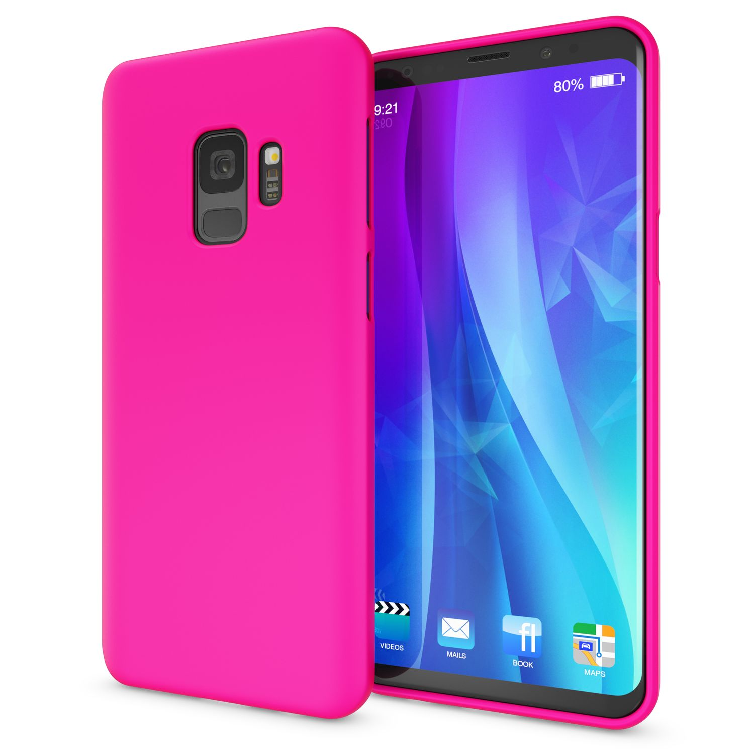 Ein pinkfarbenes Telefon und eine Hülle, mit App-Symbolen auf dem Bildschirm.