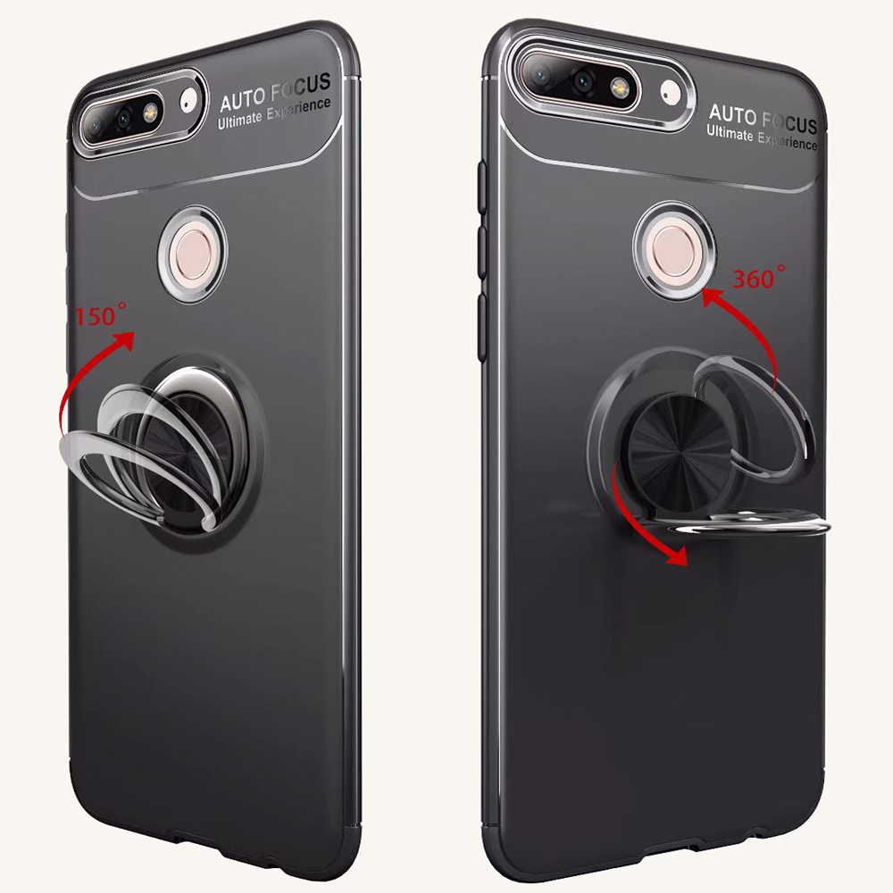 Coque de téléphone noire avec un support de bague. Le téléphone a le support de bague à l'arrière.