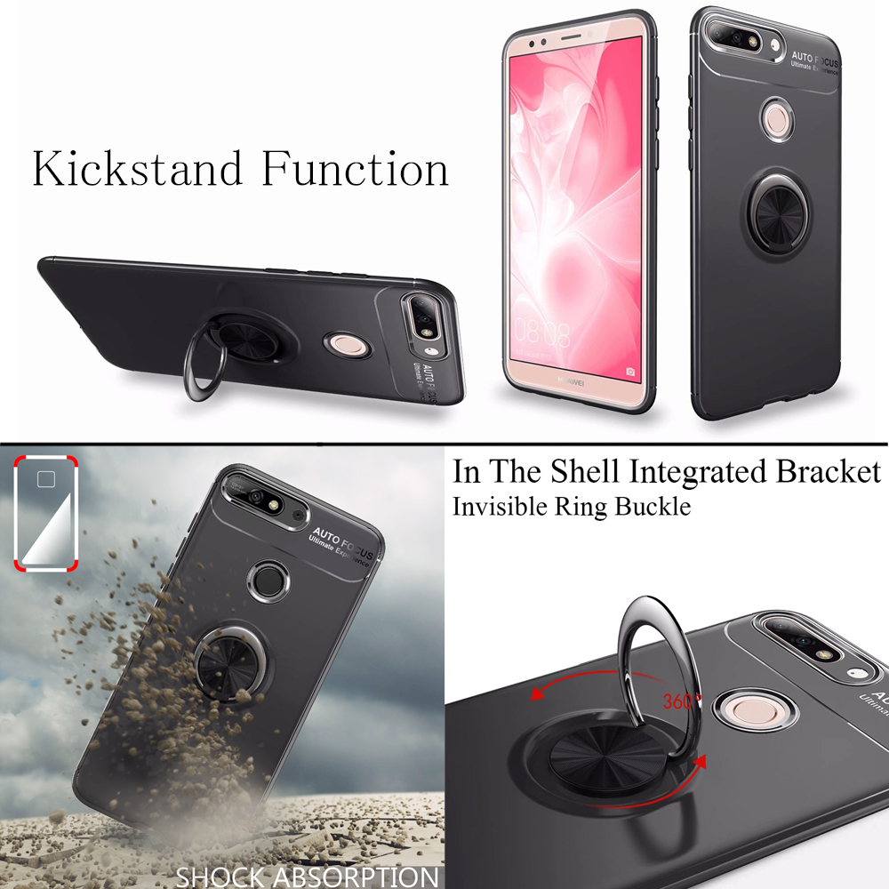 Mehrere Bilder einer Handyhülle mit Ringhalterung. Funktionen sind Kickstand und Stoßdämpfung.