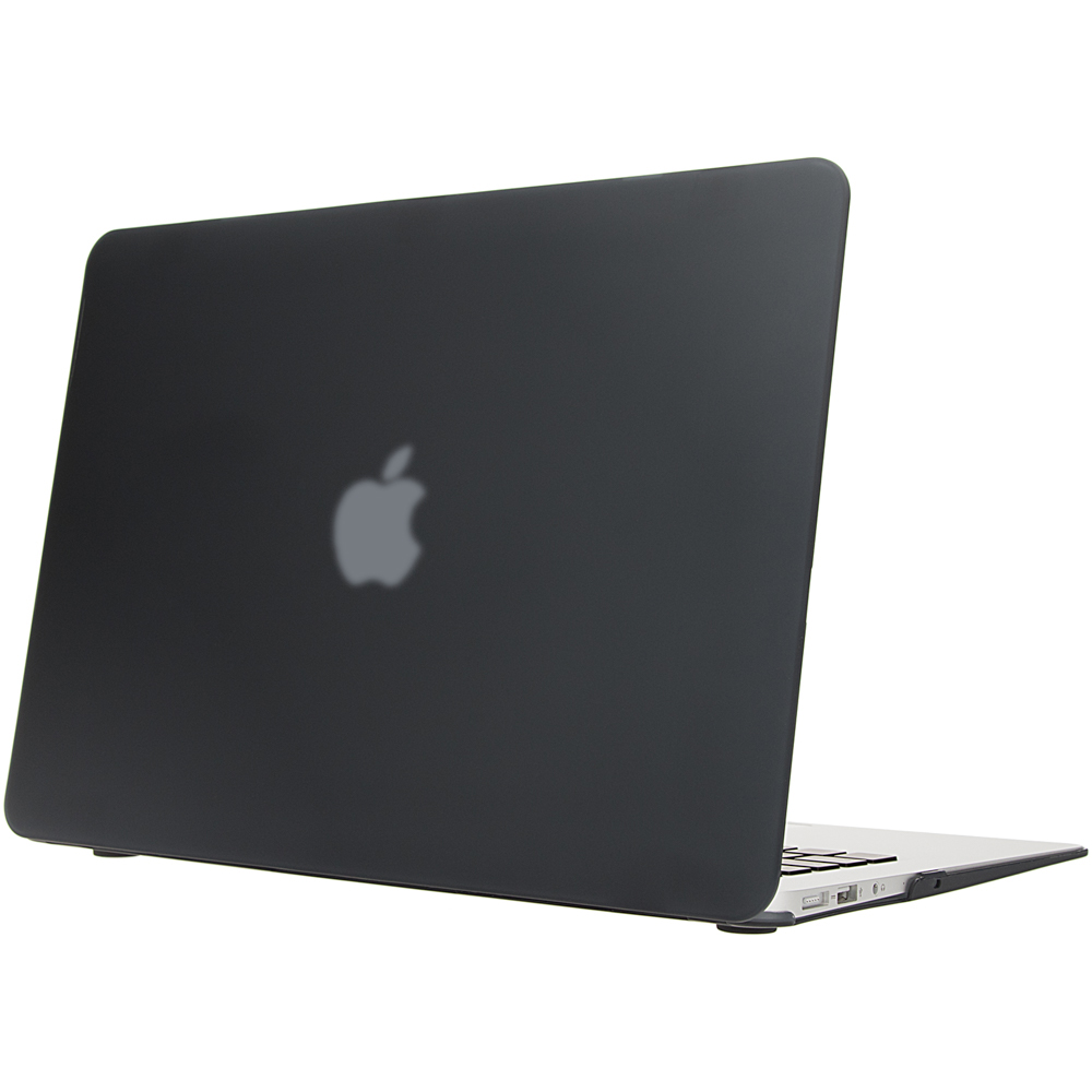Schwarzer Laptop mit Apfel-Logo. Weißer Hintergrund.