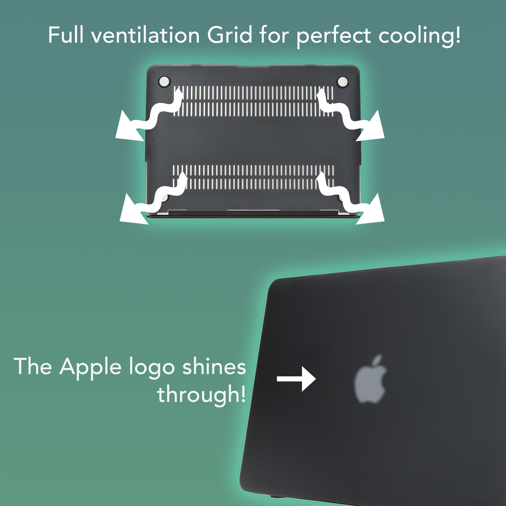 Schwarzer Laptop mit Lüftungsgitter und Apple-Logo. Pfeile zeigen Luftstrom. Text sagt 'Full ventilation grid'.