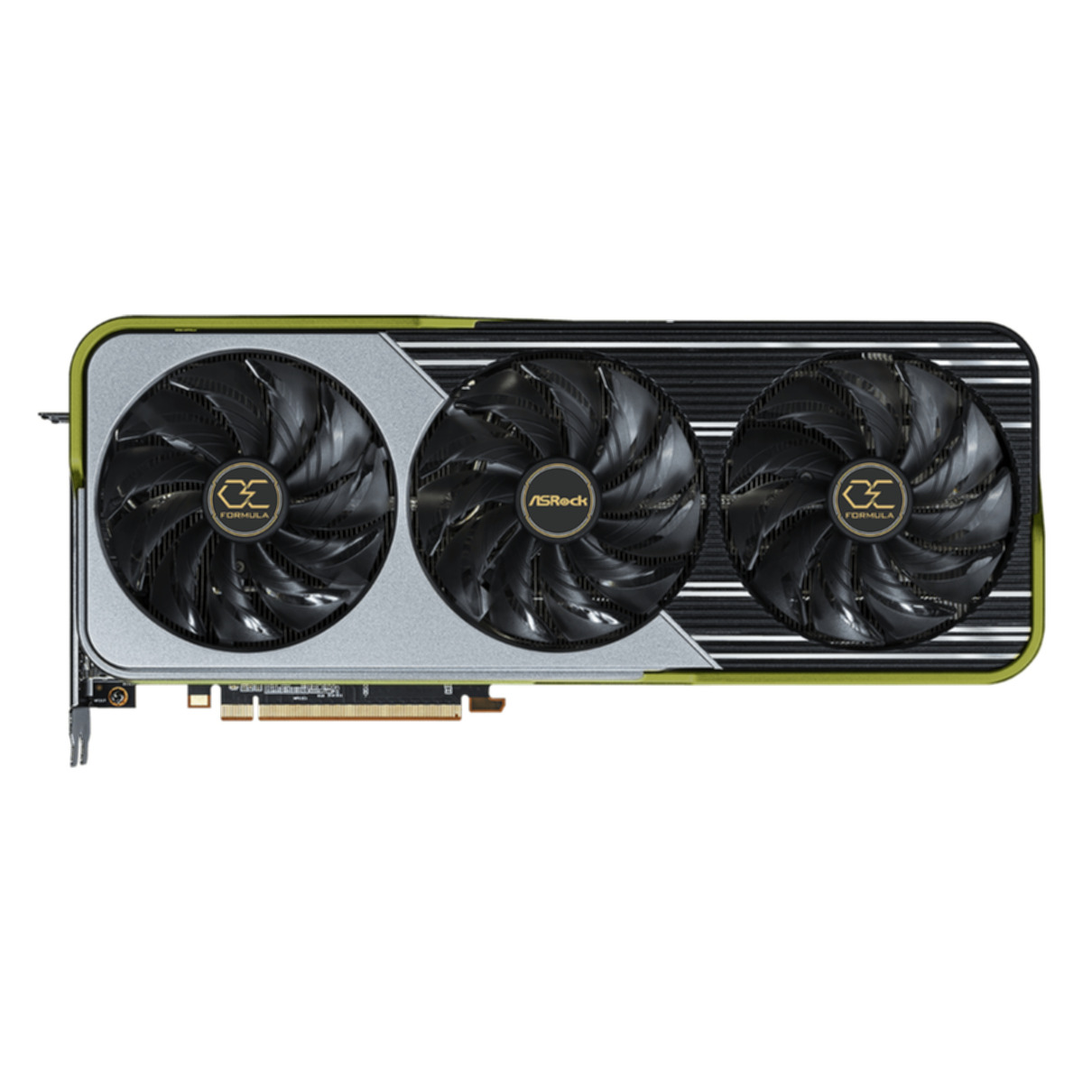 Grafikkarte mit drei Lüftern und ASRock- und Formula-Logos. Die Karte hat schwarz, silber und gold Farben.