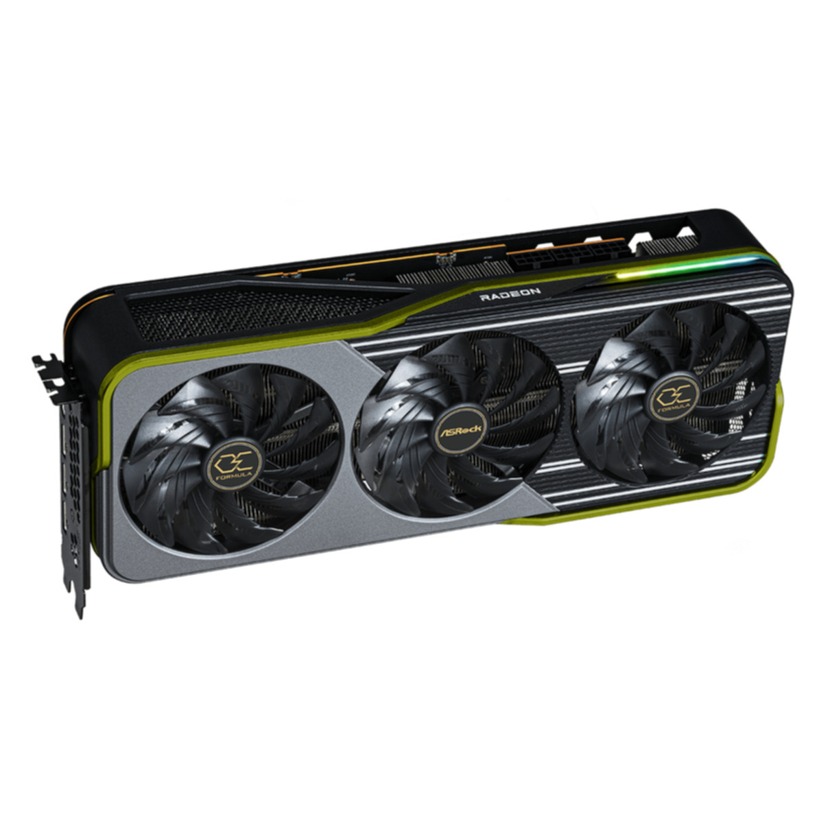 Eine schwarze und graue Grafikkarte mit drei Lüftern, einem Kühlkörper und dem Wort Radeon.