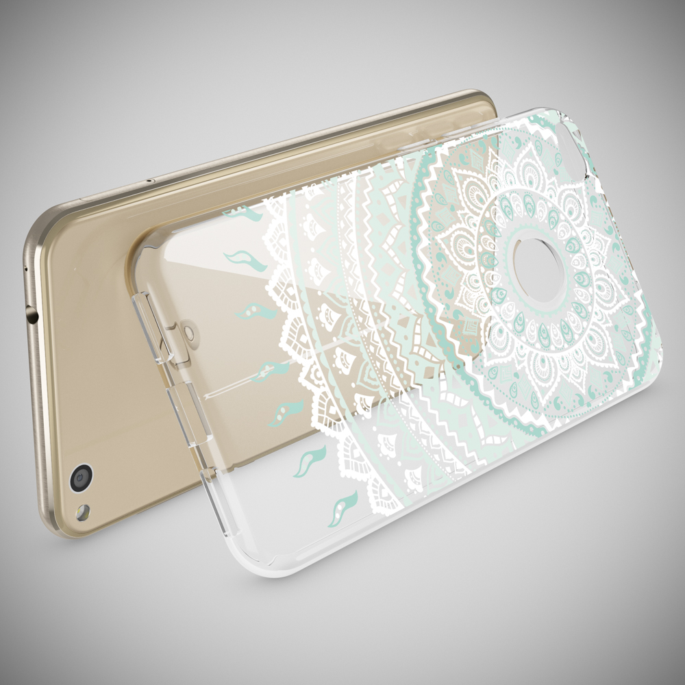 Un teléfono en una funda transparente, con un diseño de mandala en la parte posterior.