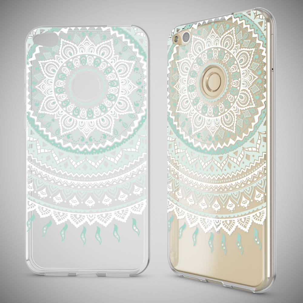 Dos fundas de teléfono. Fundas estampadas con diseños de mandala turquesa y beige.