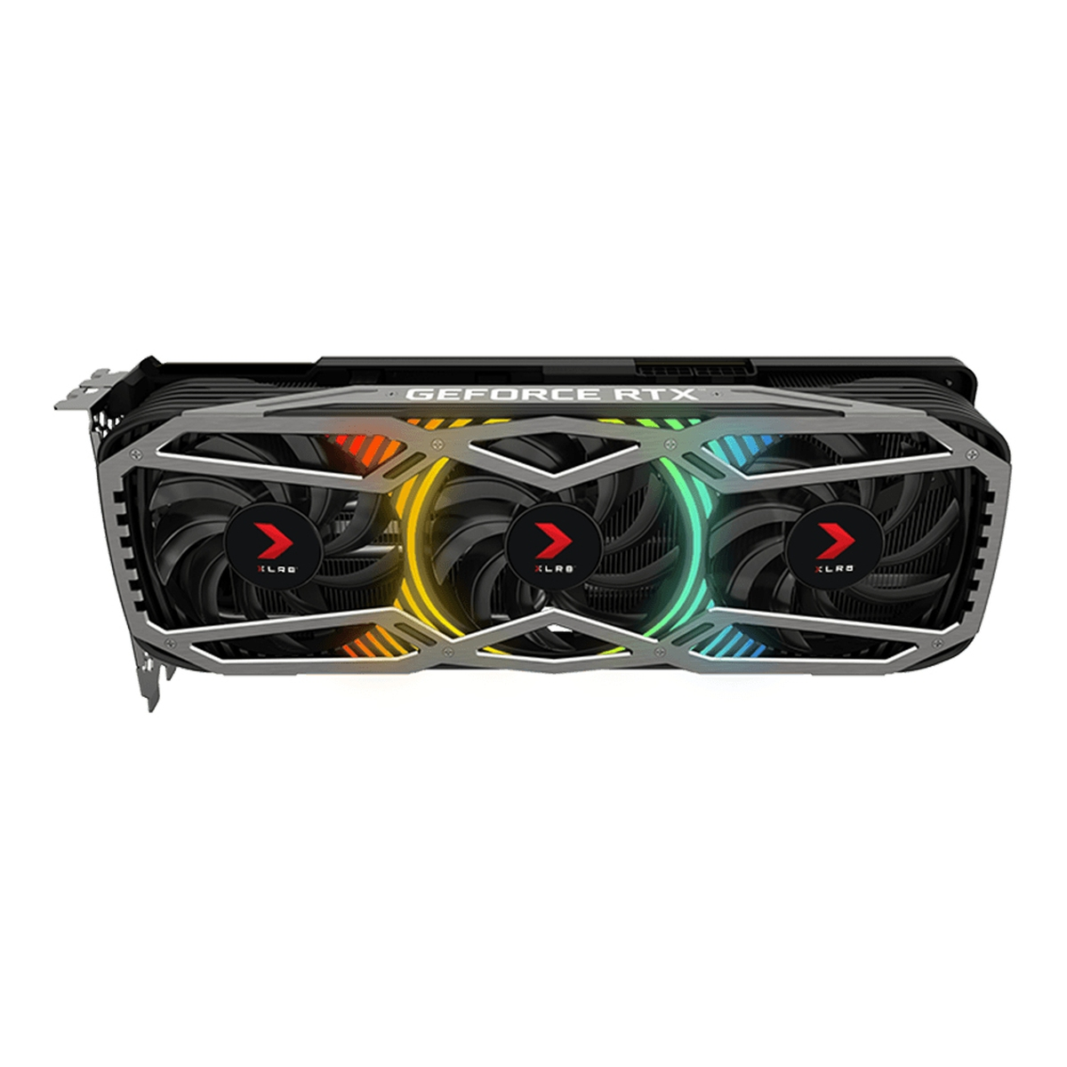 Una tarjeta gráfica con tres ventiladores e iluminación RGB colorida. La tarjeta es negra y plateada.