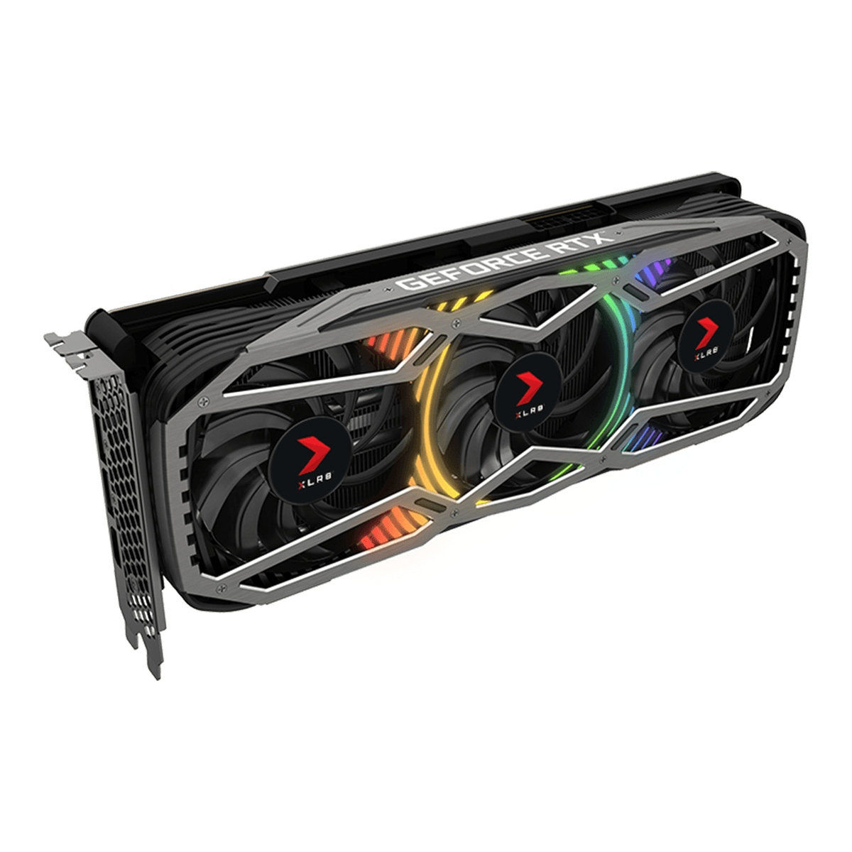 Una tarjeta gráfica negra y plateada con tres ventiladores, con luces RGB, aislada en blanco.