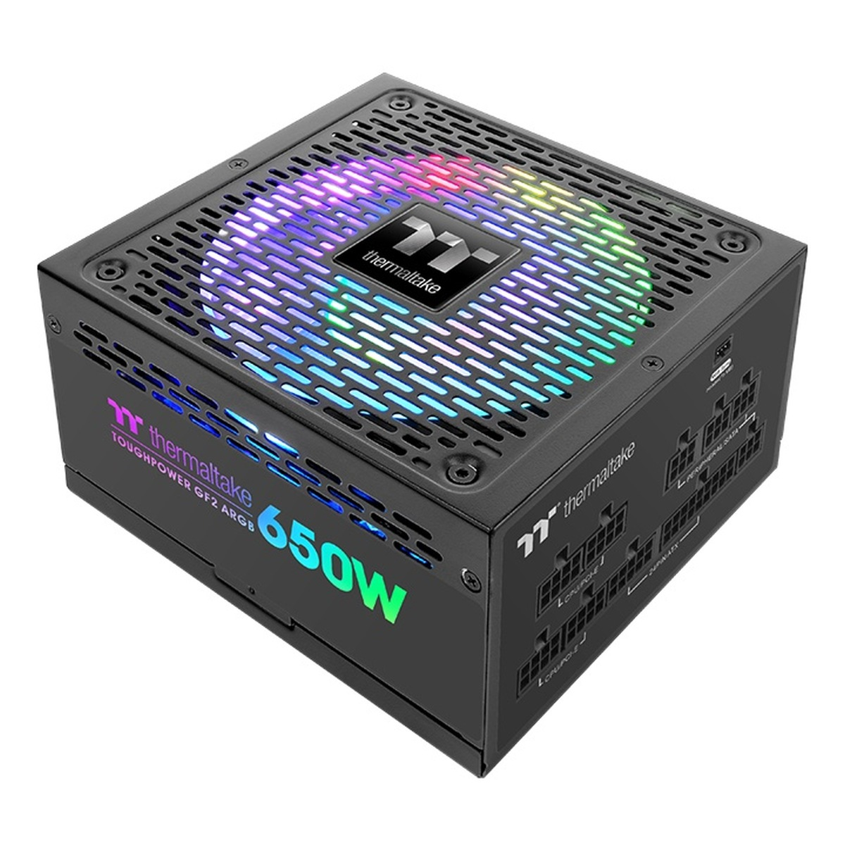 Ein schwarzes Computer-Netzteil mit einem regenbogenfarbenen Lüfter und dem Thermaltake-Logo.