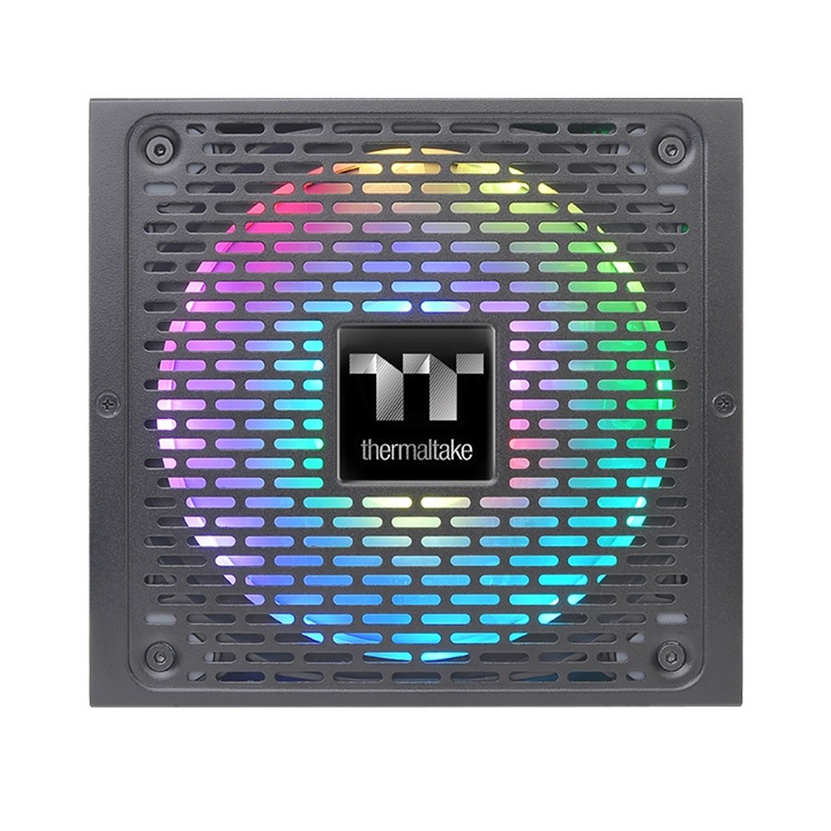 Ein Netzteil mit einem Lüfter, der verschiedene Farben zeigt. Das Thermaltake-Logo ist sichtbar.