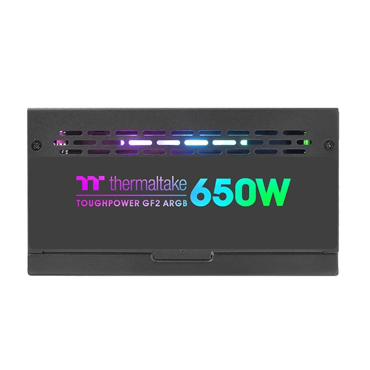 Schwarzes Thermaltake Tougpower GF2 ARGB 650W Netzteil mit Lüftungsschlitzen und Logo.