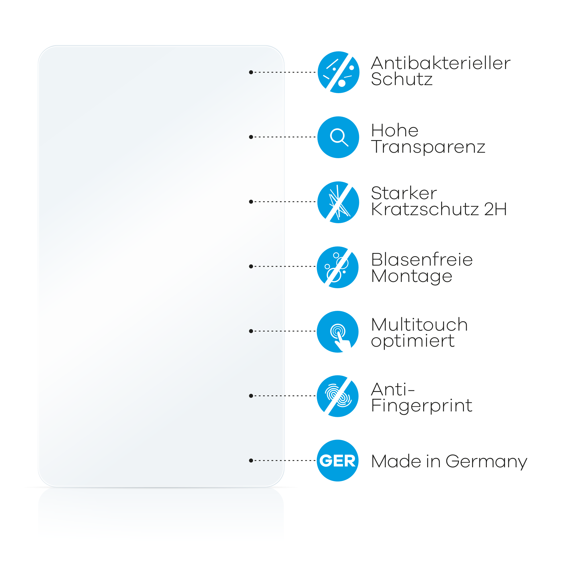 Ein transparenter Displayschutz mit Symbolen und Text auf weißem Hintergrund.