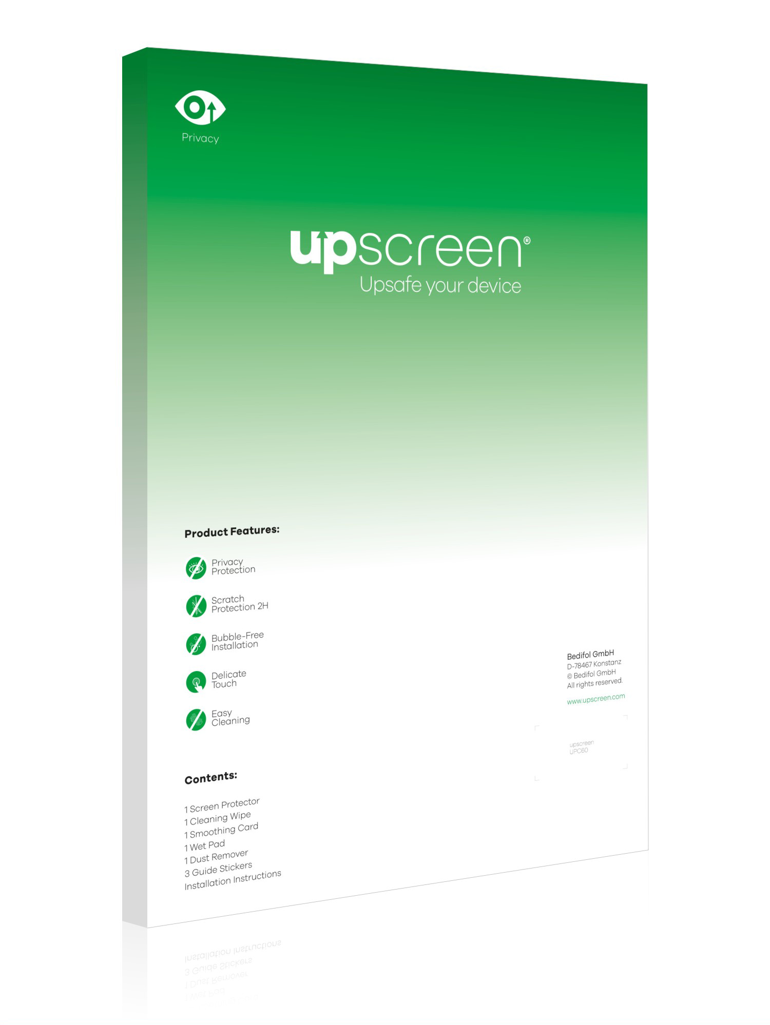 Produktverpackung mit grünem Farbverlauf, upscreen Logo, Produktmerkmale und Inhalt.