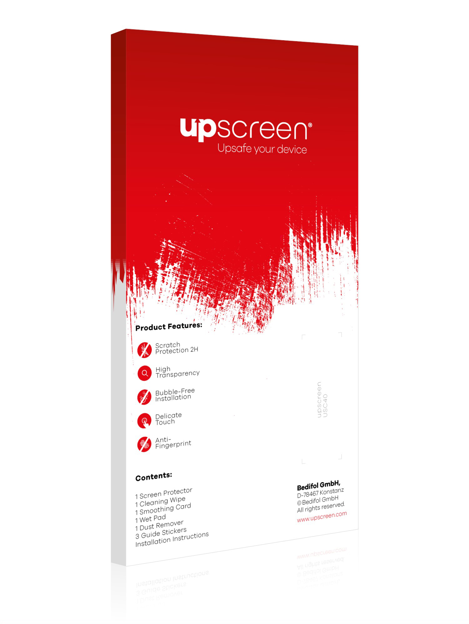 Eine rote Produktbox mit weißem Text und Illustrationen. Die Box ist für ein Upscreen-Gerät.