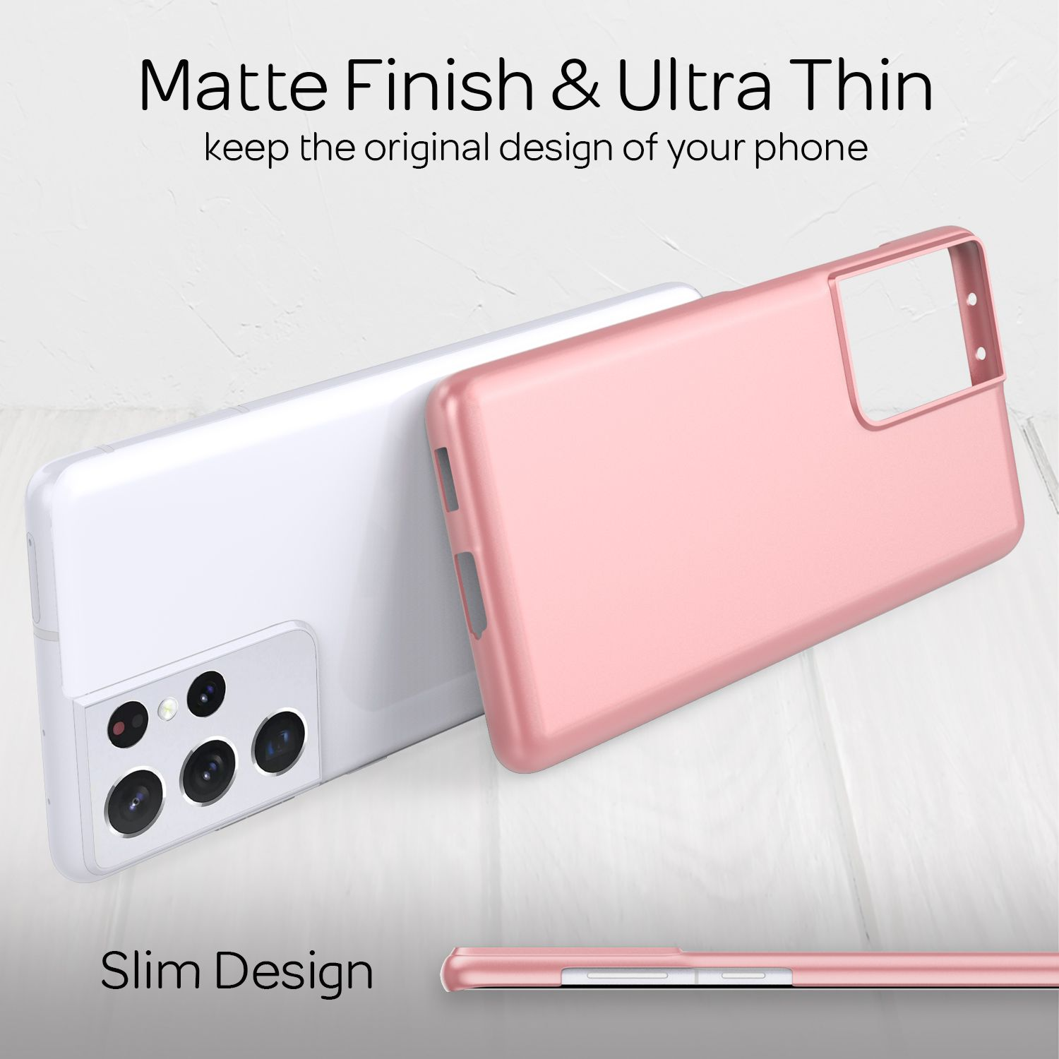 Zwei Handyhüllen: eine weiße, eine rosa. Jede hat ein Telefon, liegt auf Holz.