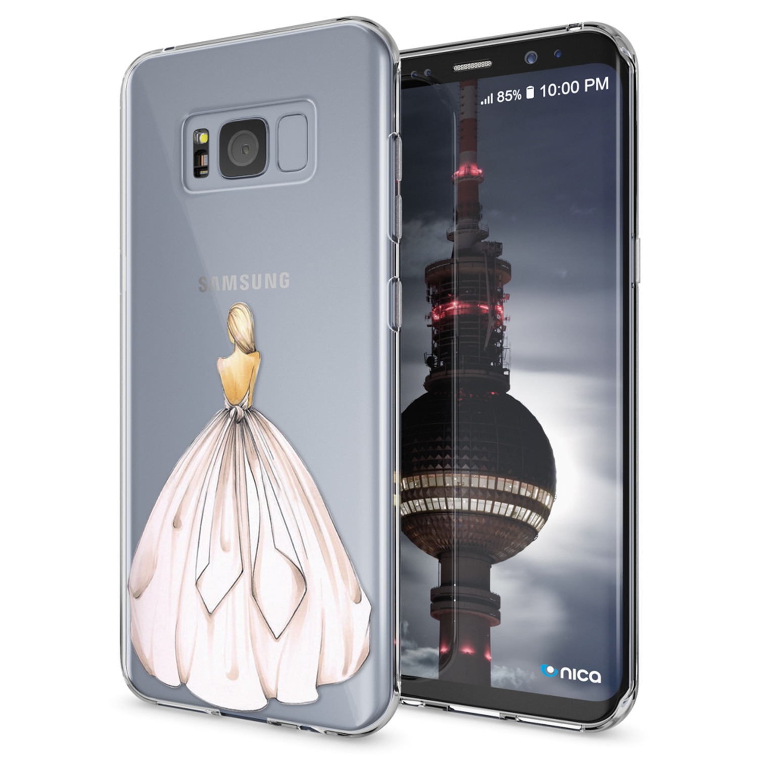 Smartphone con funda que presenta a una mujer con un vestido; un fondo de ciudad está en la pantalla.
