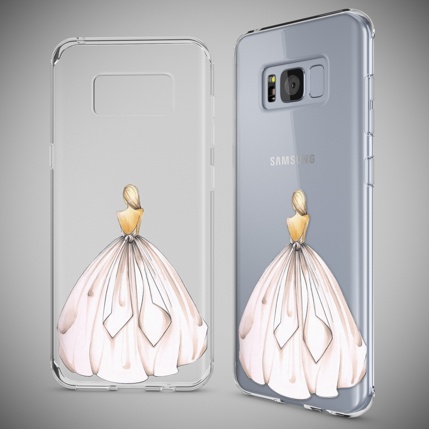 Funda transparente con dibujo de mujer vestida, vista frontal y trasera.