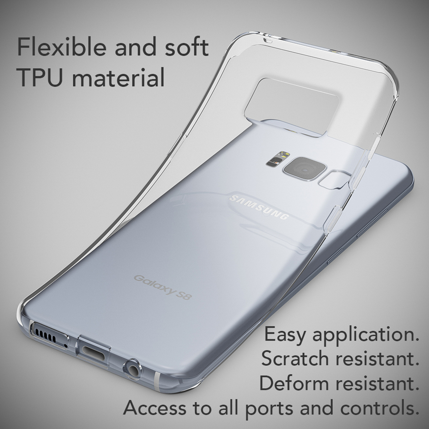 Funda transparente para teléfono sobre un teléfono plateado. Texto: Material TPU flexible y suave. Fácil aplicación.