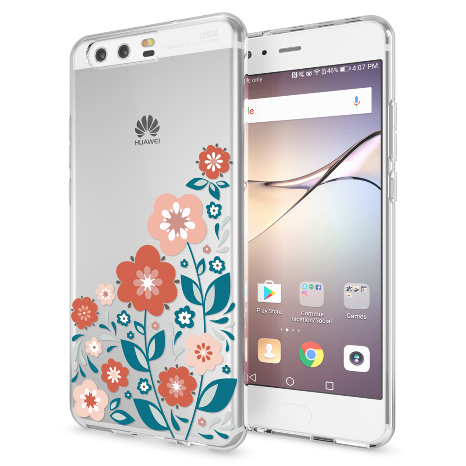 Ein weißes Telefon mit einer transparenten Hülle mit floralen Designs wird gezeigt. Die Hülle zeigt Blumen und Blätter.