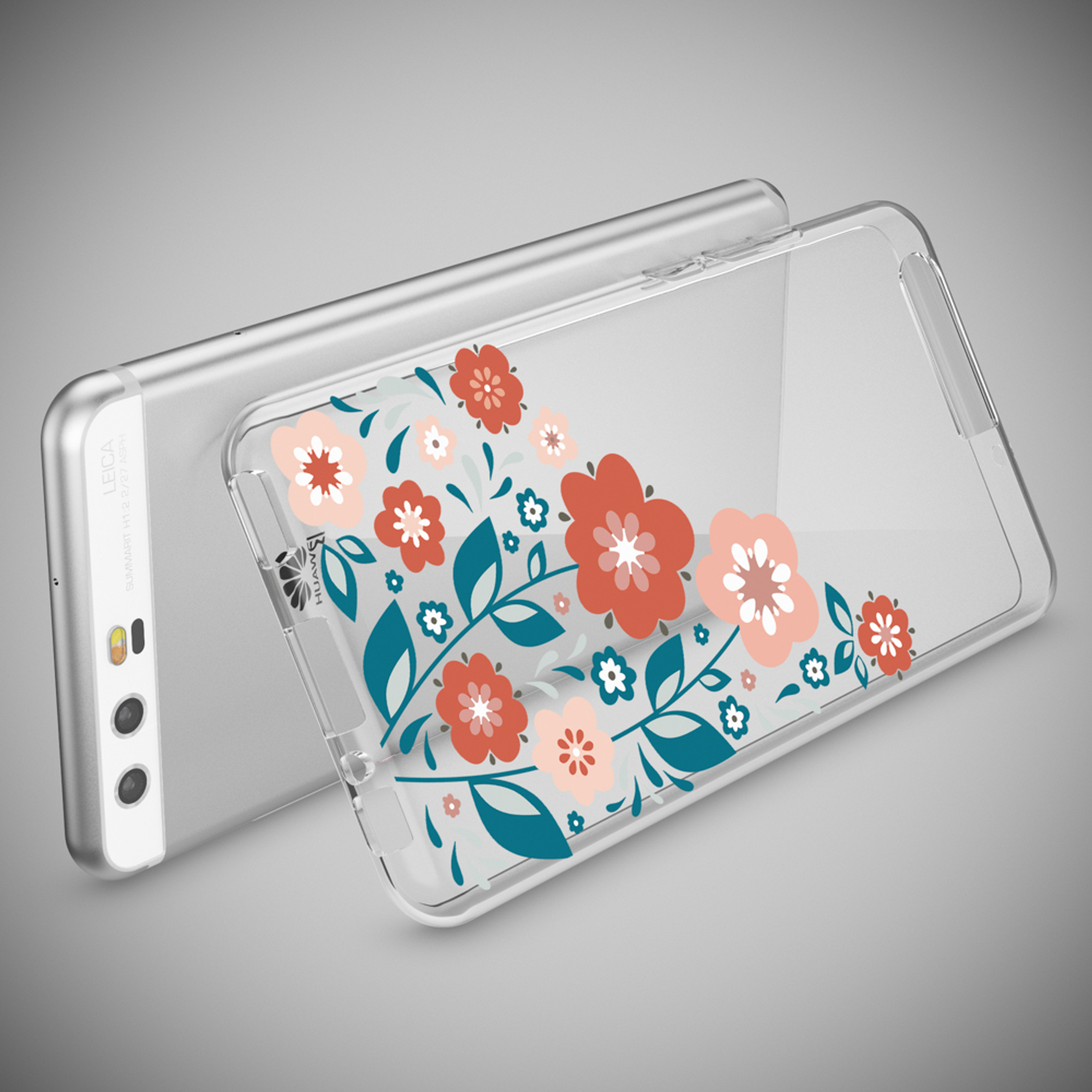 Transparente Handyhülle mit floralem Design, über einem Huawei-Telefon. Blumen sind rosa, rot und weiß.