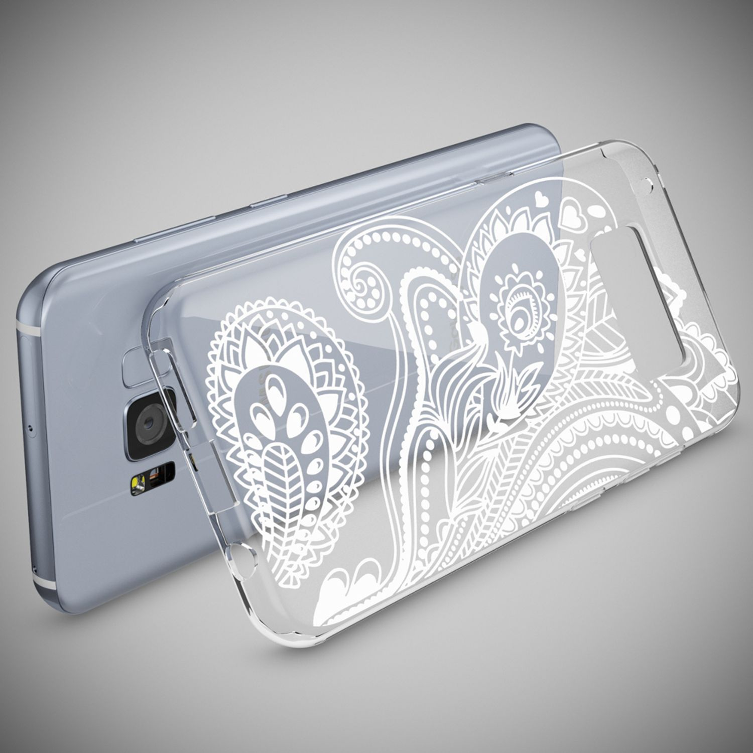Ein Telefon in einer durchsichtigen Hülle mit weißem Blumendesign, von hinten betrachtet.