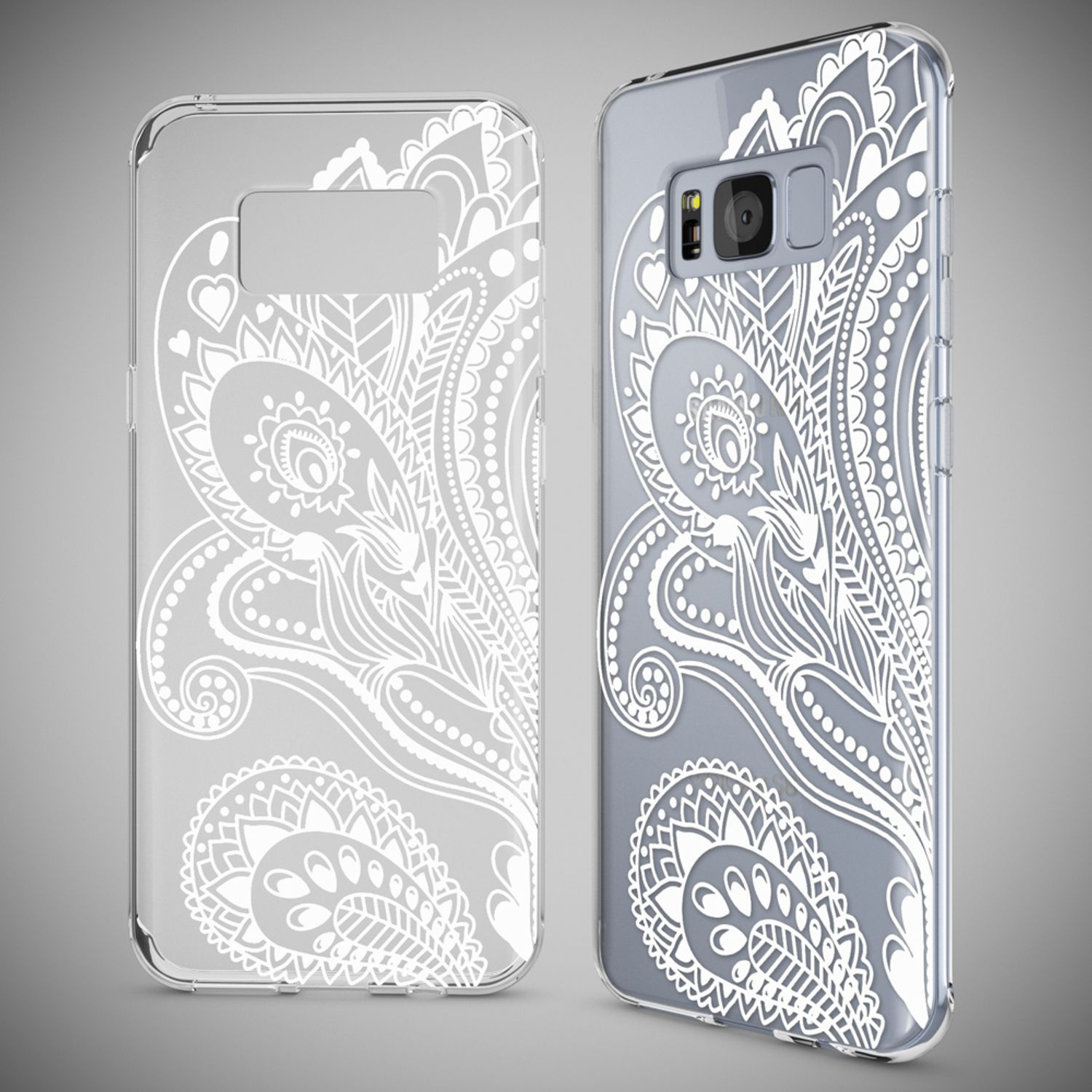 Transparente Handyhüllen mit weißem Paisley-Design. Eine Hülle ist auf dem Telefon, die andere leer.