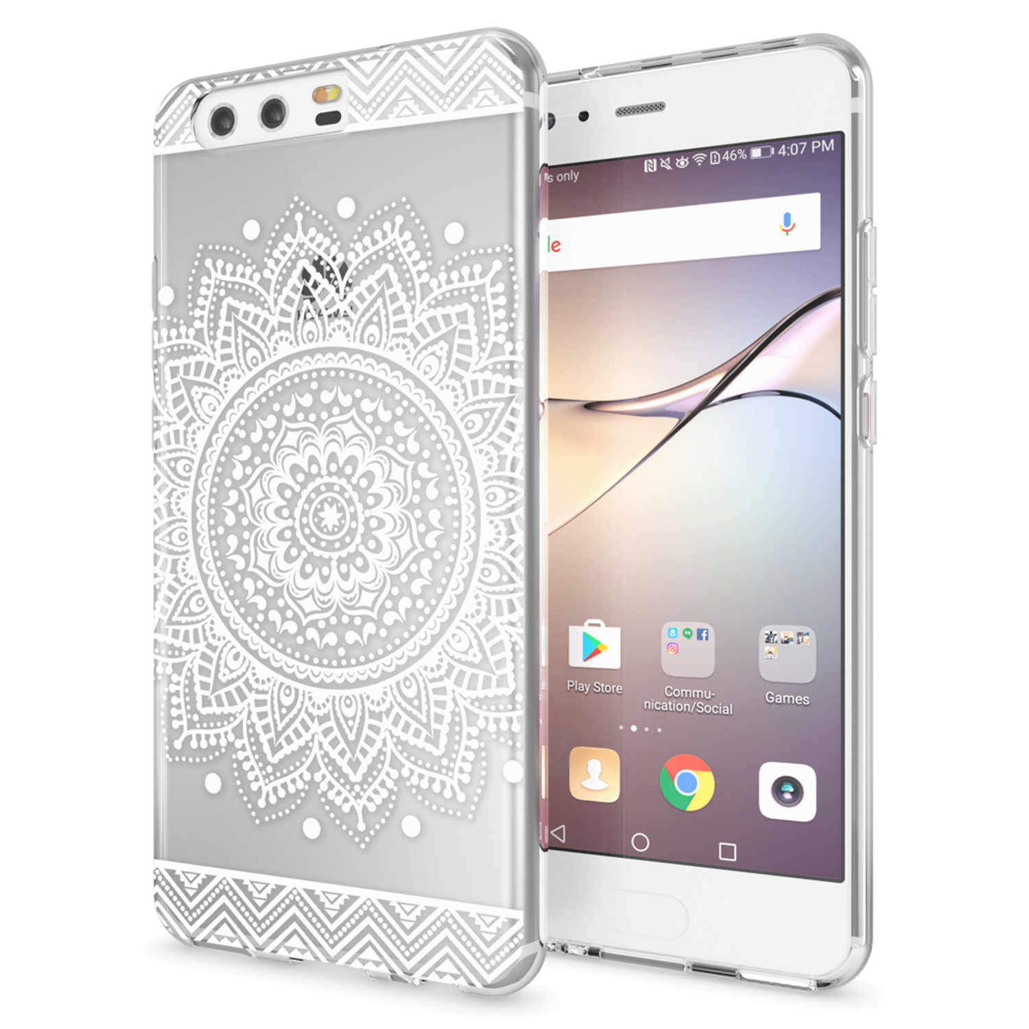 Telefon in klarer Hülle mit weißem Mandala-Design. Der Bildschirm ist an.