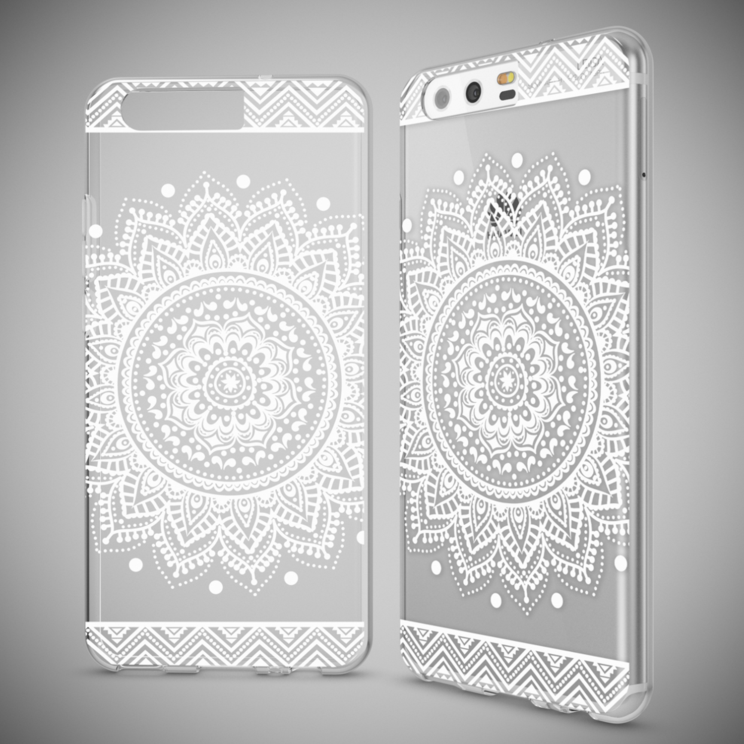 Transparente Handyhülle mit Mandala-Design in Weiß. Dekoratives und aufwendiges Muster.