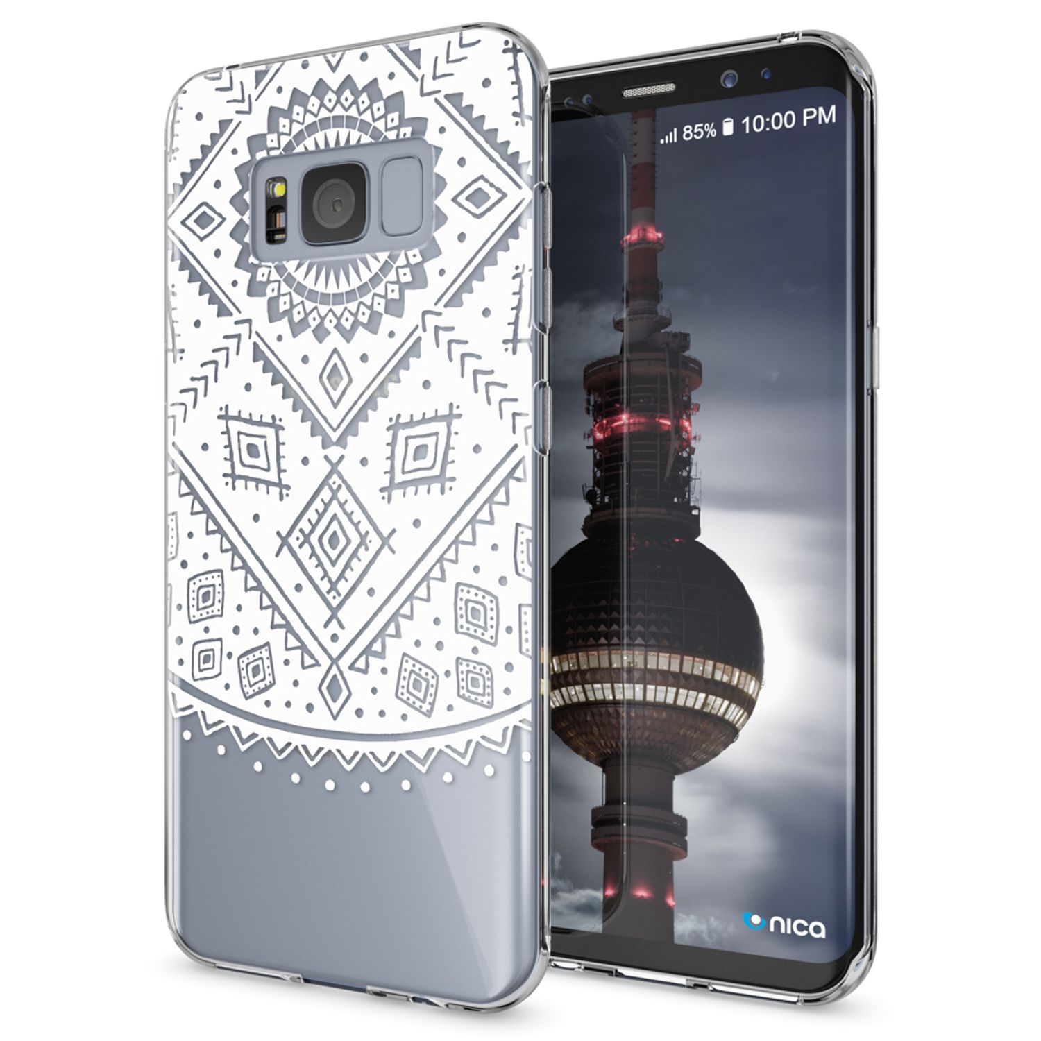 Smartphone mit gemusterter Hülle. Der Bildschirm zeigt eine Stadt bei Nacht.