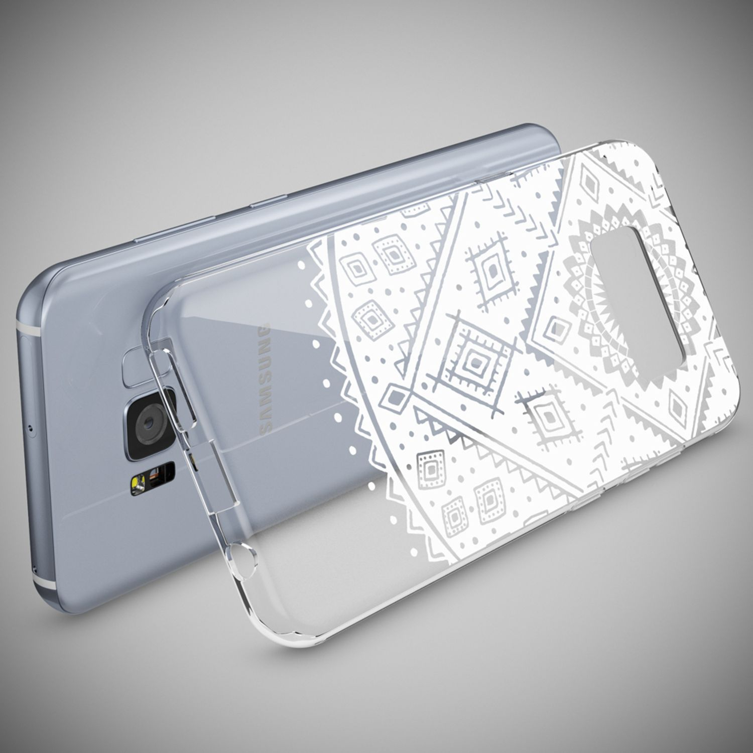 Telefon mit transparenter Hülle mit weißem geometrischen Design. Das Telefon liegt auf grauer Oberfläche.