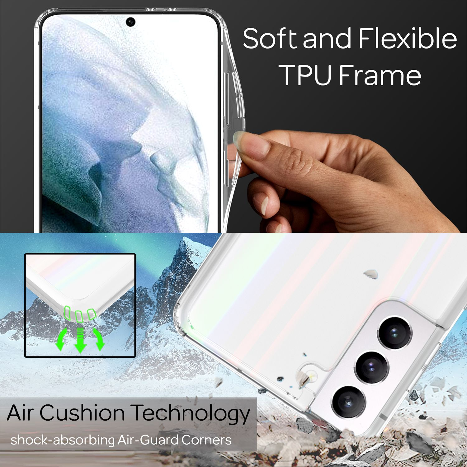 Telefon mit transparenter Hülle, Text: 'Air Cushion Technology'. Weißer Hintergrund.