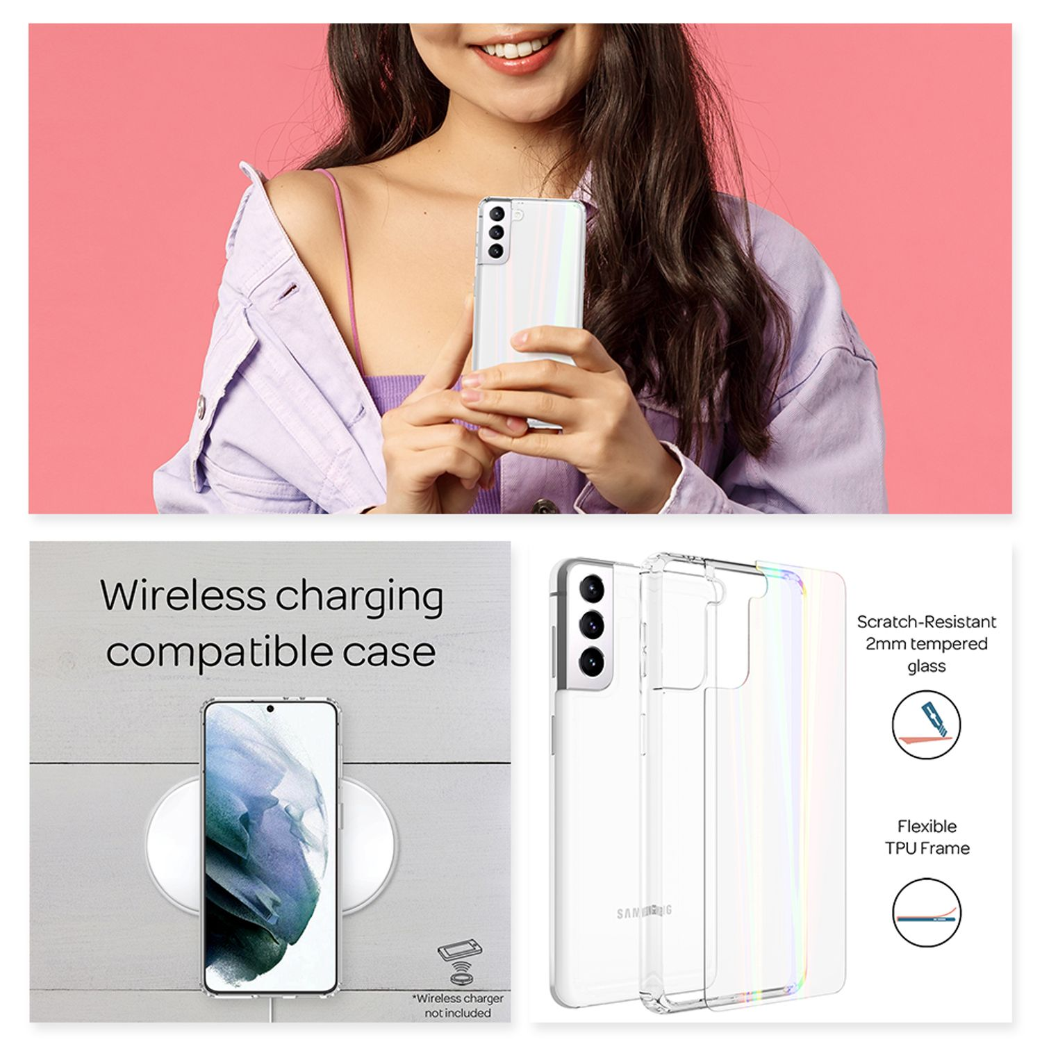 Transparent Samsung, Galaxy Backcover, Hartglas Regenbogen NALIA Hülle Effekt, Klare S21,