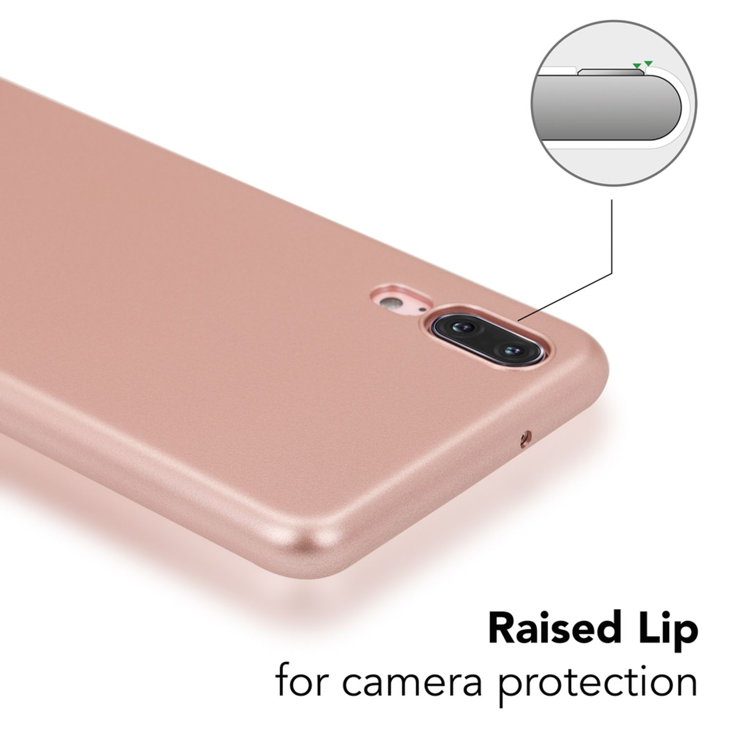 Roségoldenes Handycase mit Kameraaussparung und erhöhtem Rand.