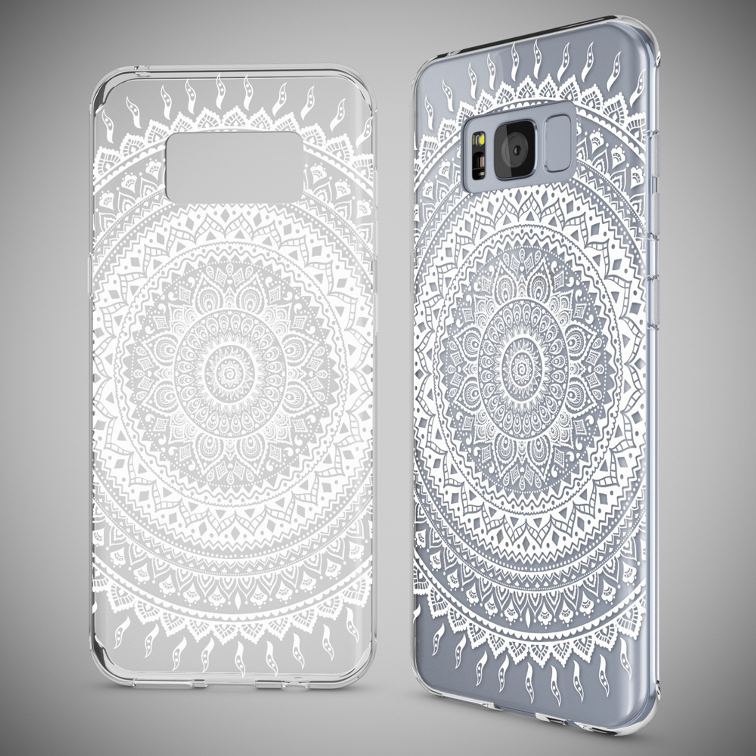 Dos fundas transparentes para teléfono con diseño de mandala blanco sobre fondo gris.