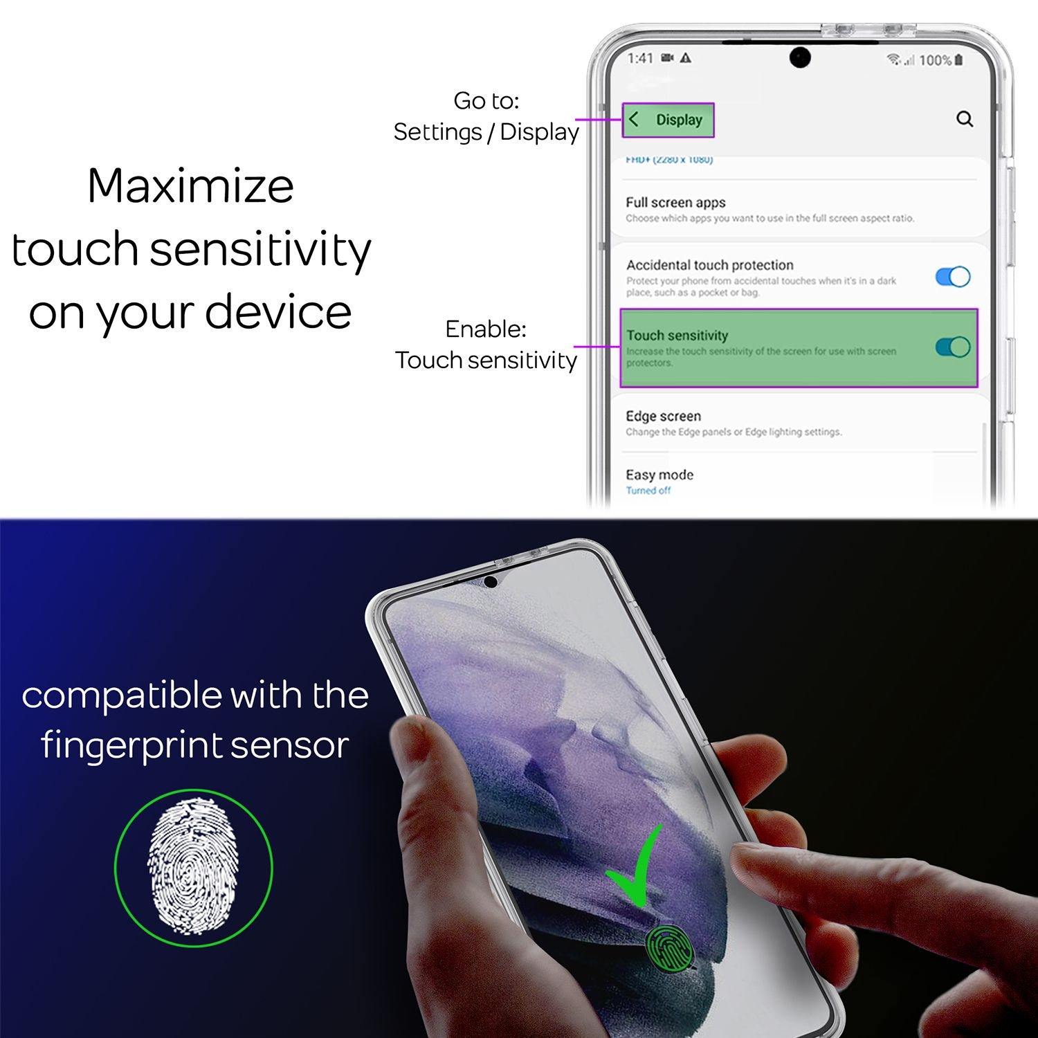 Schermo del telefono che mostra le impostazioni per la sensibilità al tocco. Un dito tocca lo schermo, compatibile con il sensore di impronte digitali.
