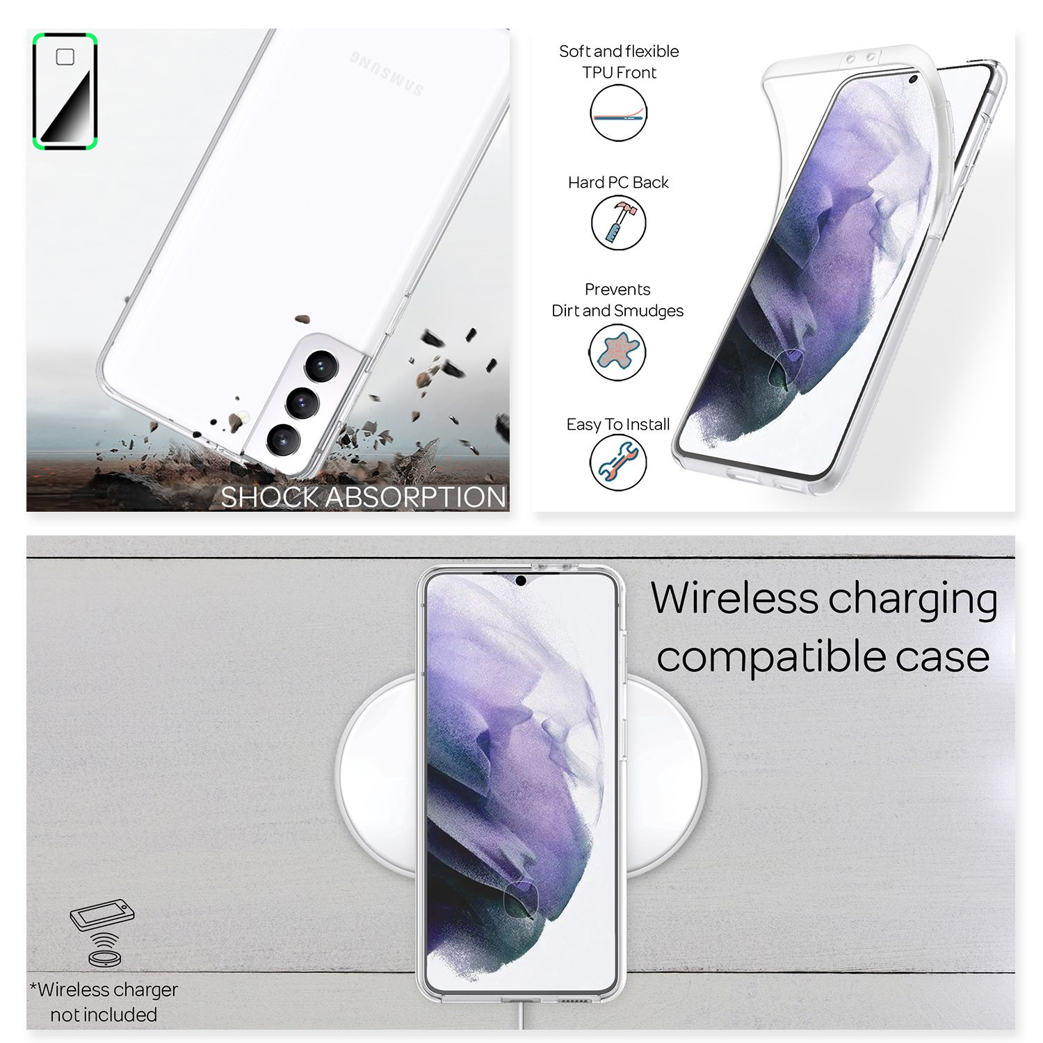 Un telefono in una custodia trasparente su un caricatore wireless, con dettagli delle caratteristiche della custodia.