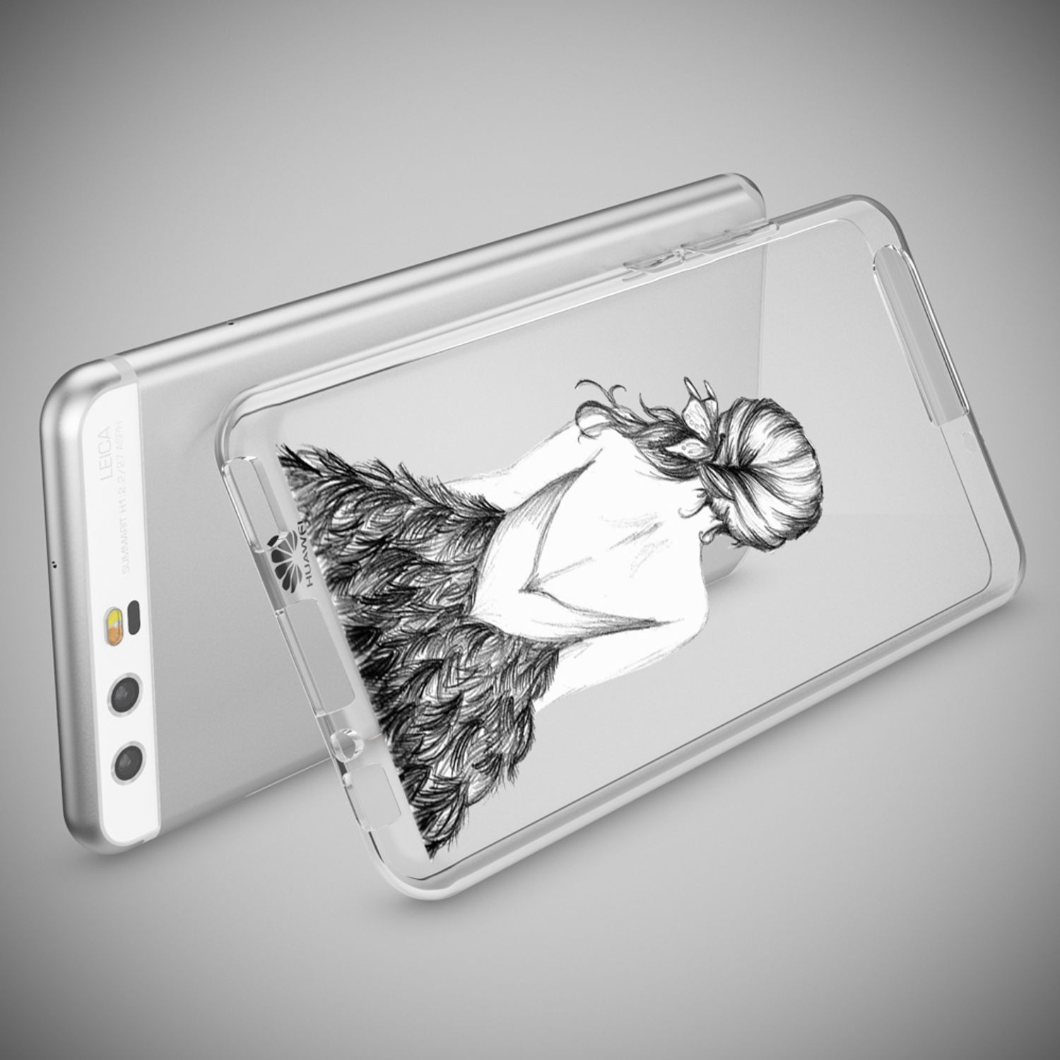 Telefon in klarer Hülle mit schwarz-weißer Zeichnung einer Frau. Das Telefon ist grau, die Hülle ist klar.