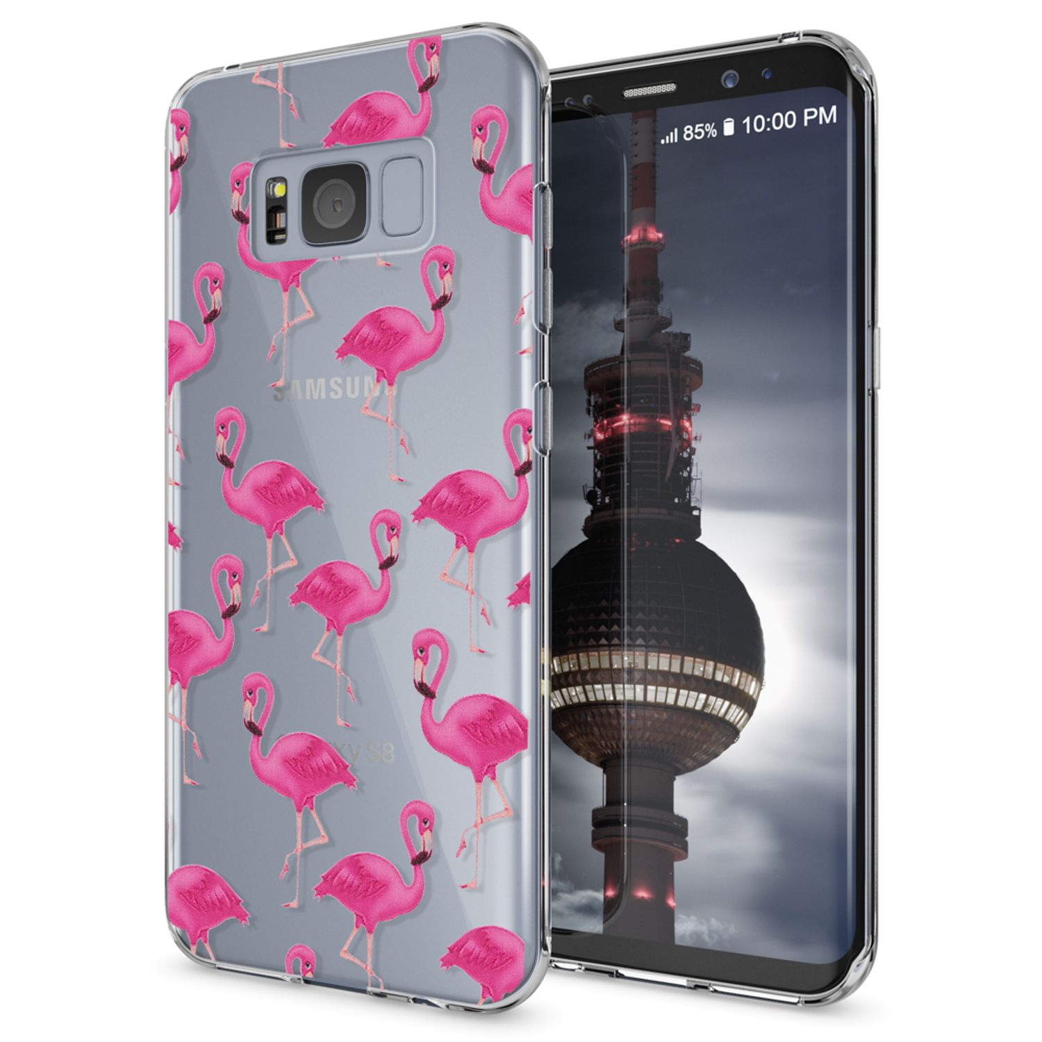 Ein Telefon in einer Hülle mit rosa Flamingos. Der Hintergrund ist eine Stadtkulisse.