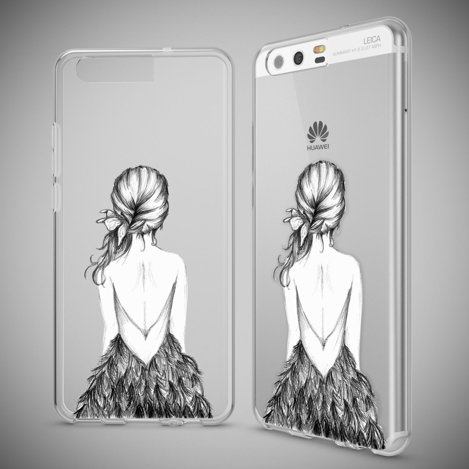Deux téléphones côte à côte, un dans une coque transparente avec un dessin de femme.