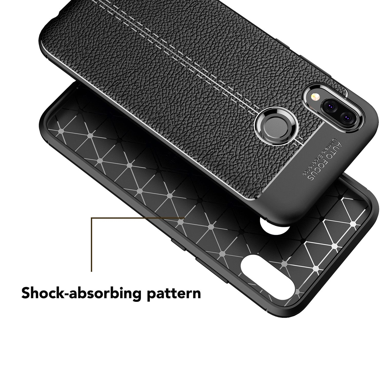 Coque de téléphone noire avec cuir texturé et coutures blanches, montrant un motif absorbant les chocs. Caméra visible.