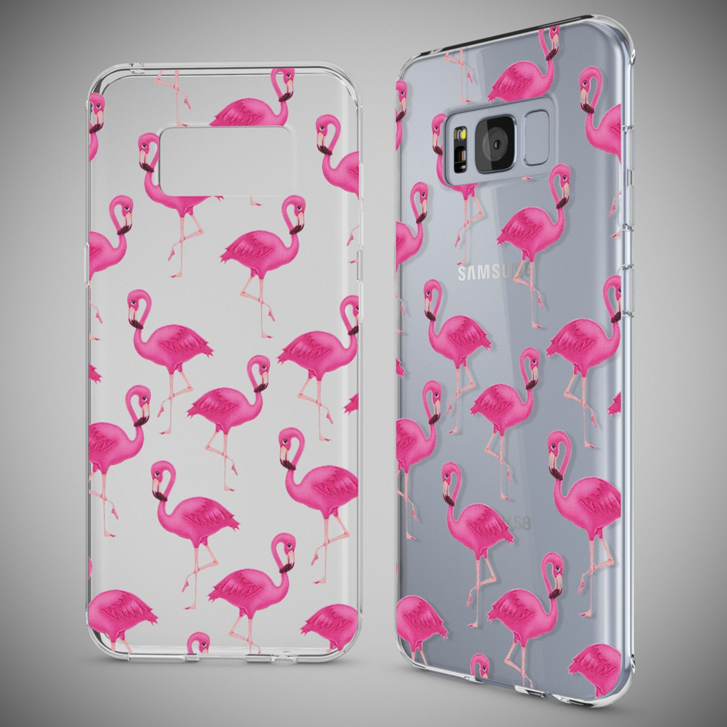 Zwei transparente Handyhüllen mit rosa Flamingo-Muster auf grauem Hintergrund.