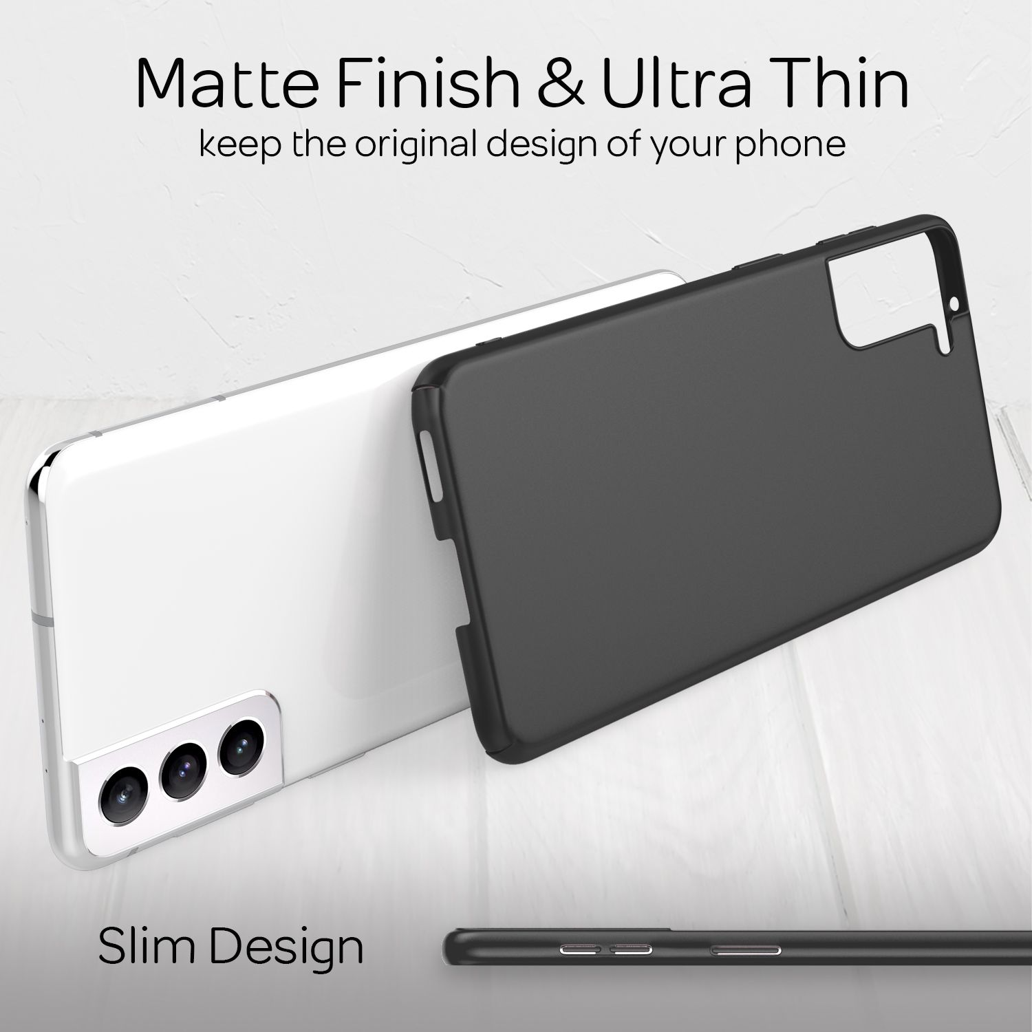 Zwei Telefone, eines weiß, eines schwarz, mit Hüllen und dem Text "Matte Finish & Ultra Thin" und "Slim Design".