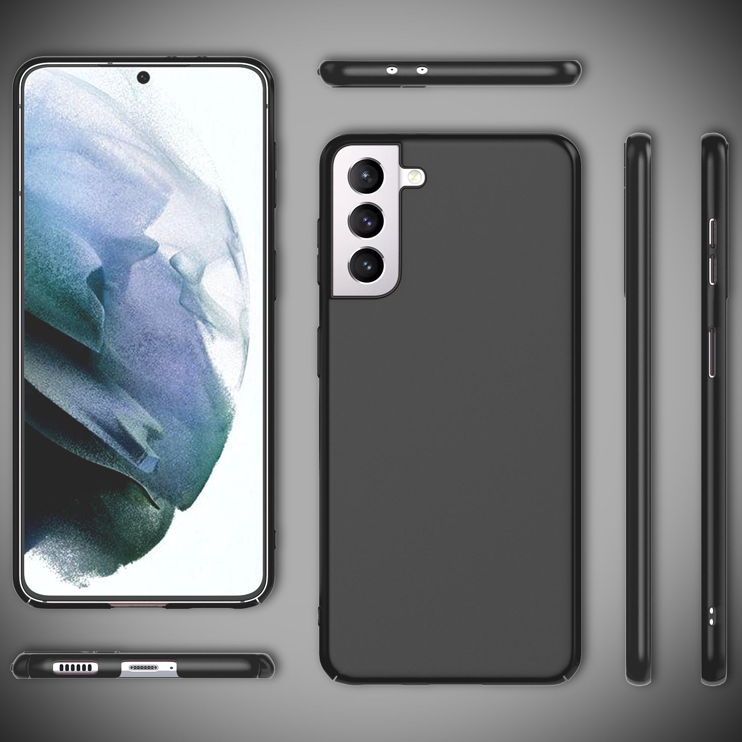 Schwarze Handyhülle auf einem schwarzen Telefon. Mehrere Ansichten des Telefons und der Hülle werden gezeigt. Grauer Hintergrund.