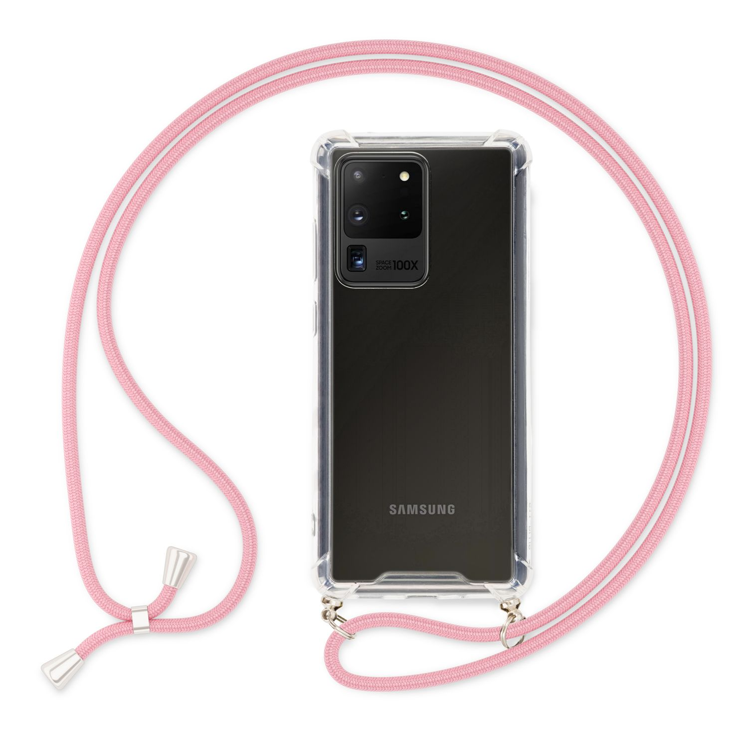 Rosa Schlüsselband an einer Handyhülle befestigt. Das Telefon ist schwarz mit drei Kameras. Der Hintergrund ist weiß.