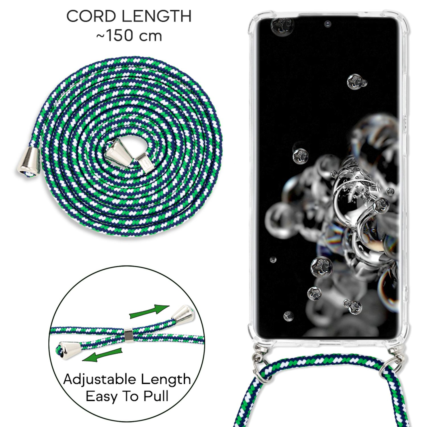 Ein Telefon mit grün-blauer Kordel, mit aufgewickeltem Abschnitt und einstellbarer Längenfunktion.