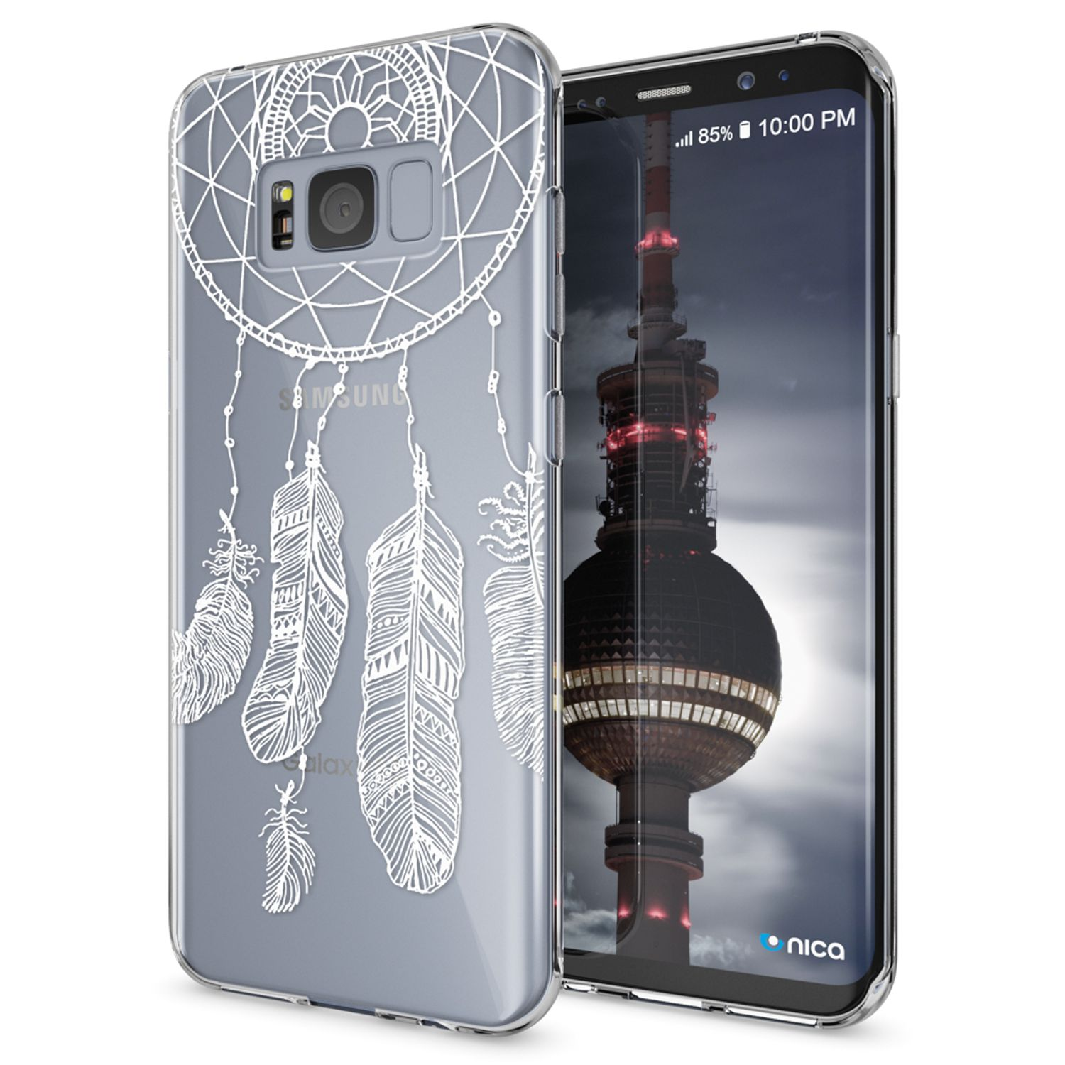 Telefon mit Traumfänger-Hülle; Gebäude im Hintergrund.