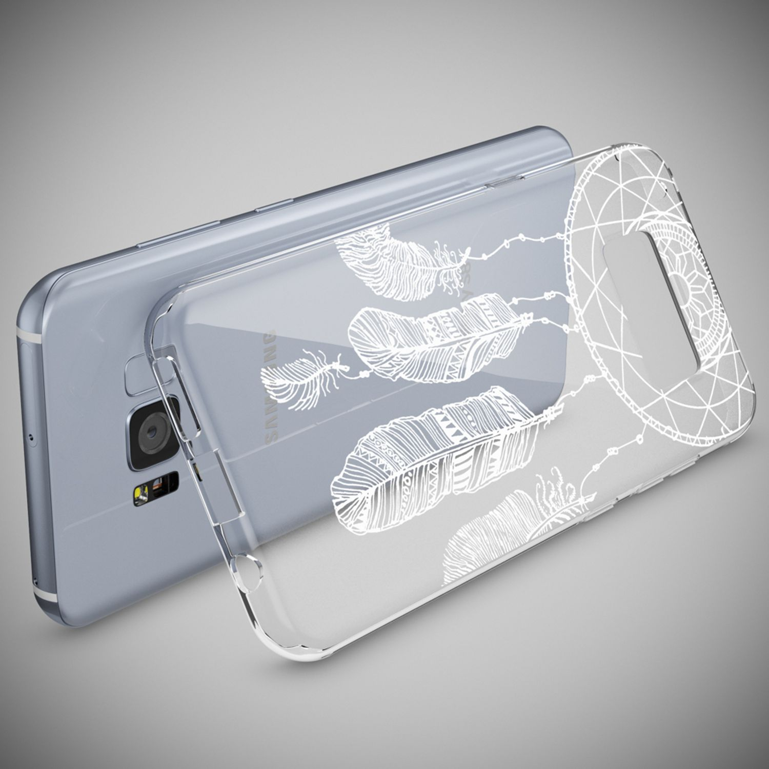 Eine transparente Handyhülle mit weißem Federdesign auf einem silbernen Telefon, teilweise geöffnet.