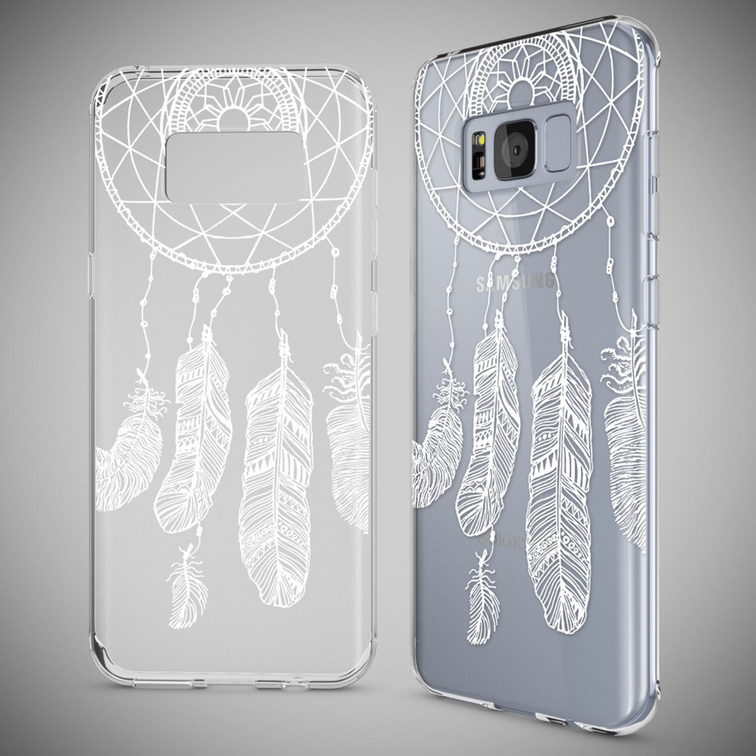 Zwei Telefone mit transparenten Hüllen. Die Hüllen haben ein weißes Traumfänger- und Federn-Design. Der Hintergrund ist grau.