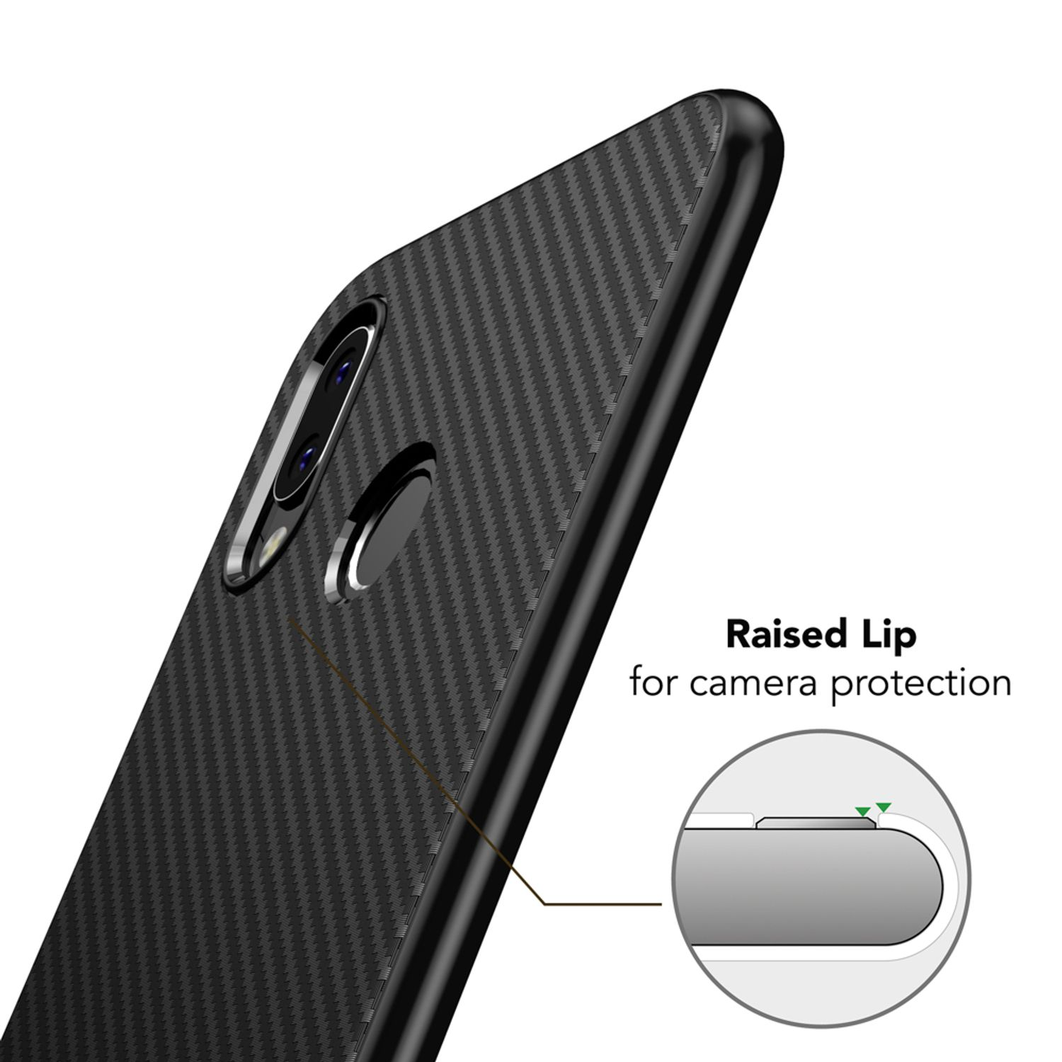 Coque de téléphone noire avec une lèvre surélevée pour la protection de l'appareil photo. Texture fibre de carbone. Gros plan sur le coin.