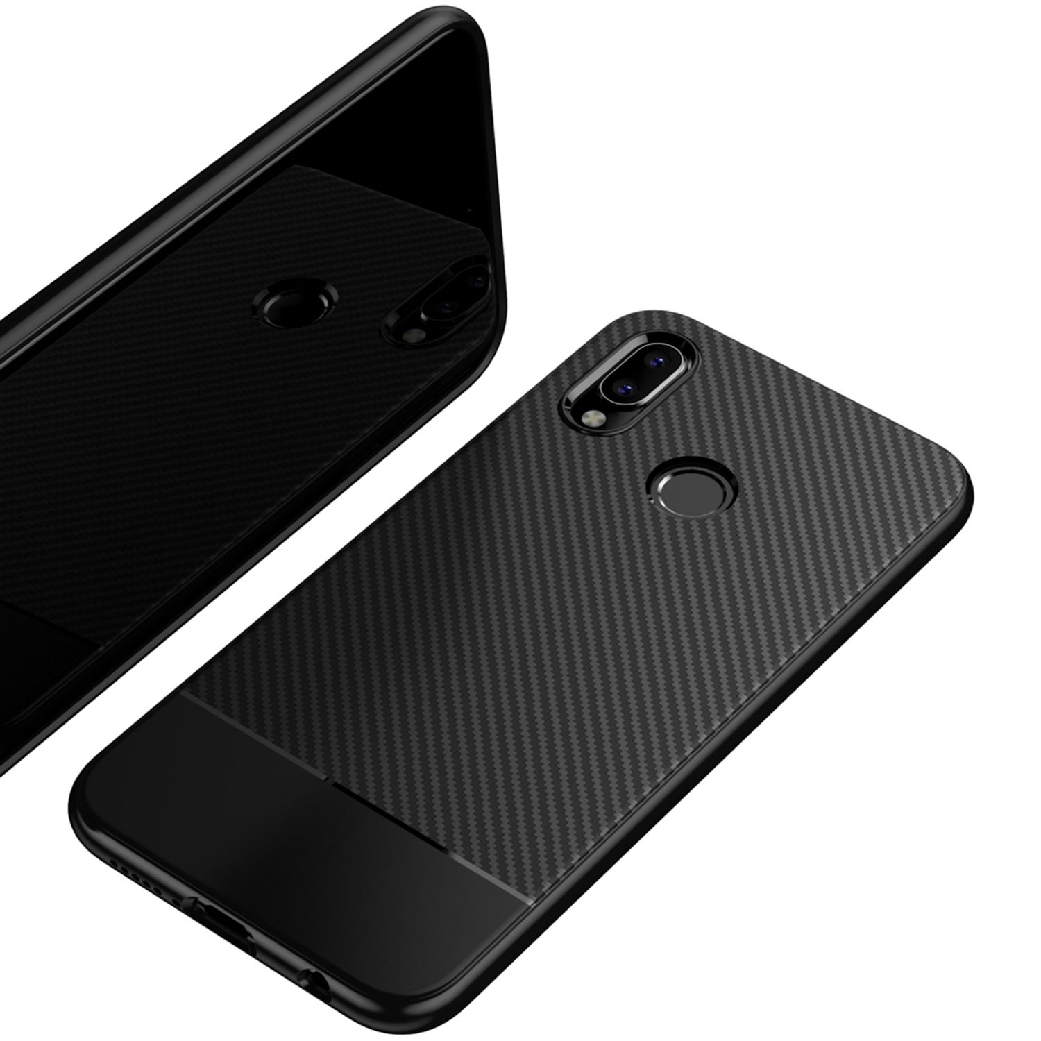 Étuis de téléphone noirs avec texture fibre de carbone sur fond blanc.