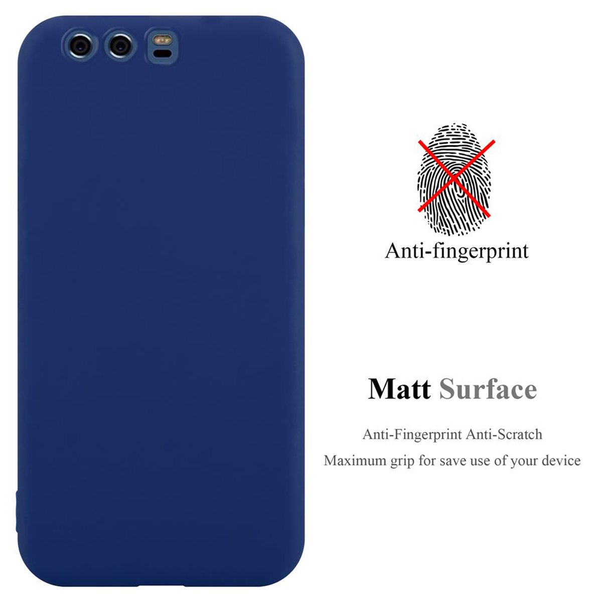 Una custodia per telefono blu con superficie opaca. L'immagine include un simbolo anti-impronta e testo.